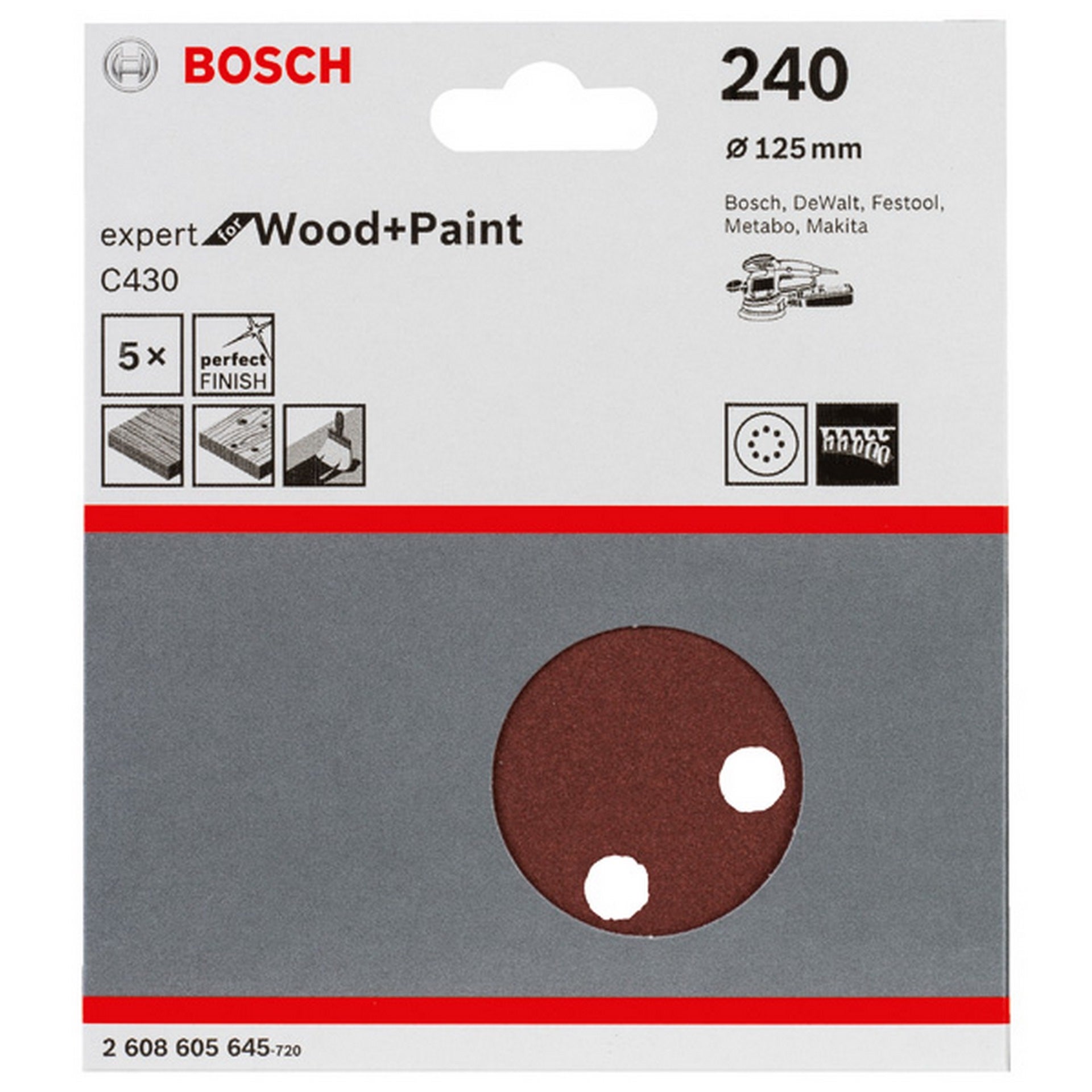Bosch Schleifblatt C430, 125 mm, 240, 8 Löcher, Klett, 5er-Pack #2608605645