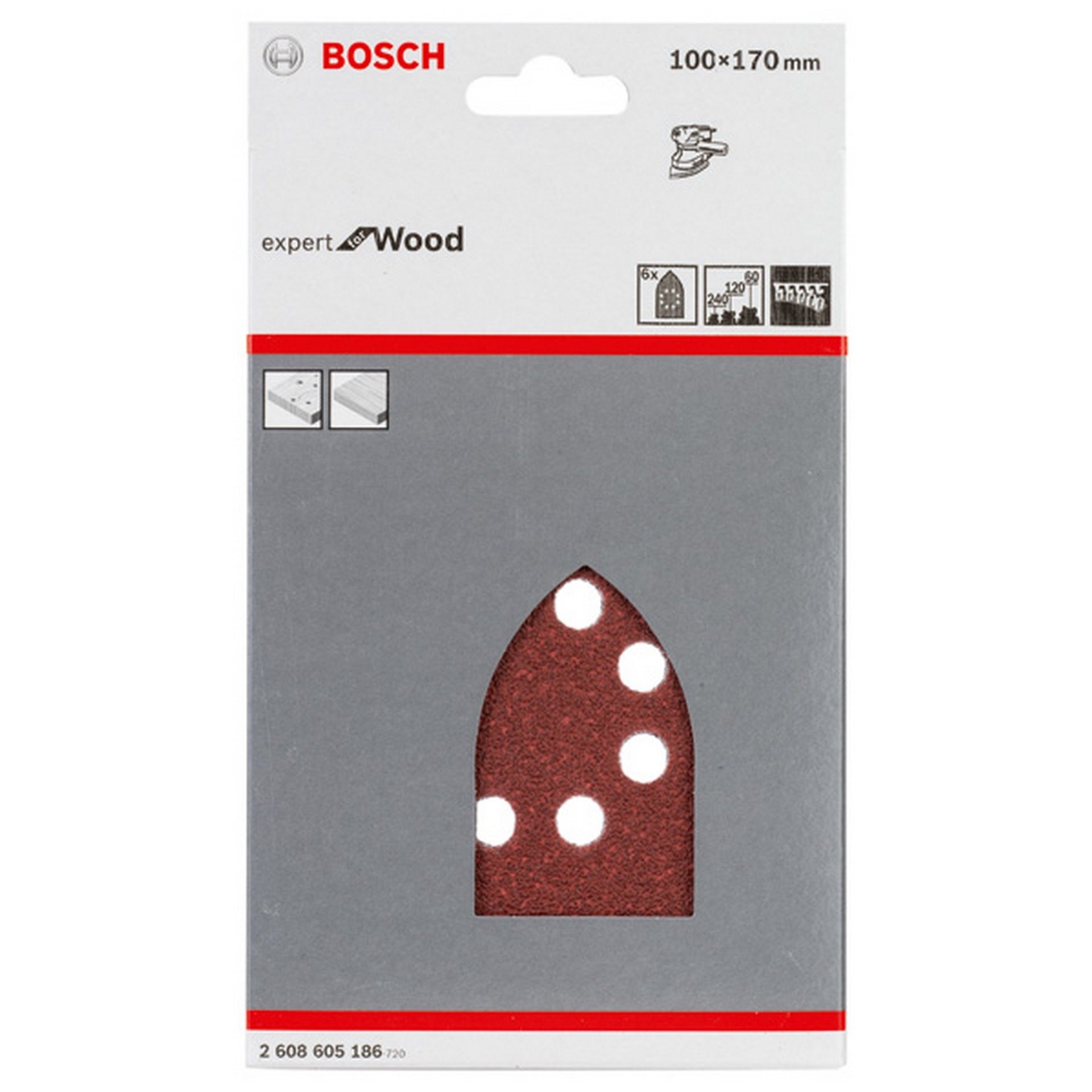 Bosch Schleifblatt C430, 100 x 170 mm, 60, 120, 240, 8 Löcher, Klett, 6er-Pack #2608605186