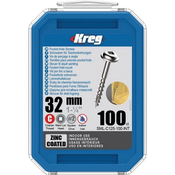 Kreg Pocket-Hole Schrauben 32 mm, Verzinkt, Maxi-Loc, Grobgewinde, 100 Stück #SML-C125-100-INT