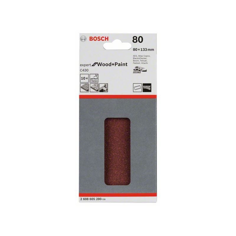 Bosch Schleifblatt C430, 80 x 133 mm, 80, 8 Löcher, Klett, 10er-Pack #2608605280
