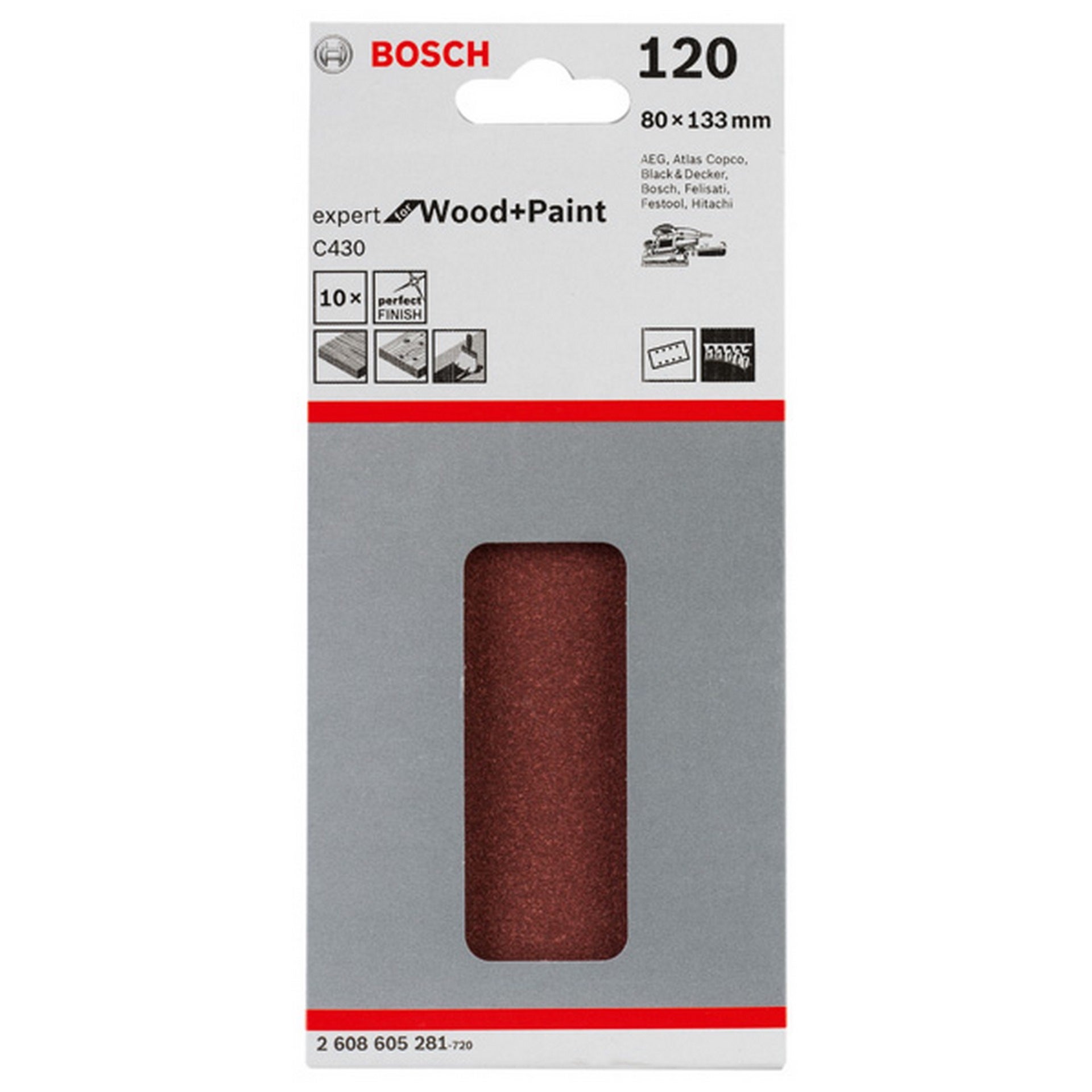 Bosch Schleifblatt C430, 80 x 133 mm, 120, 8 Löcher, Klett, 10er-Pack #2608605281