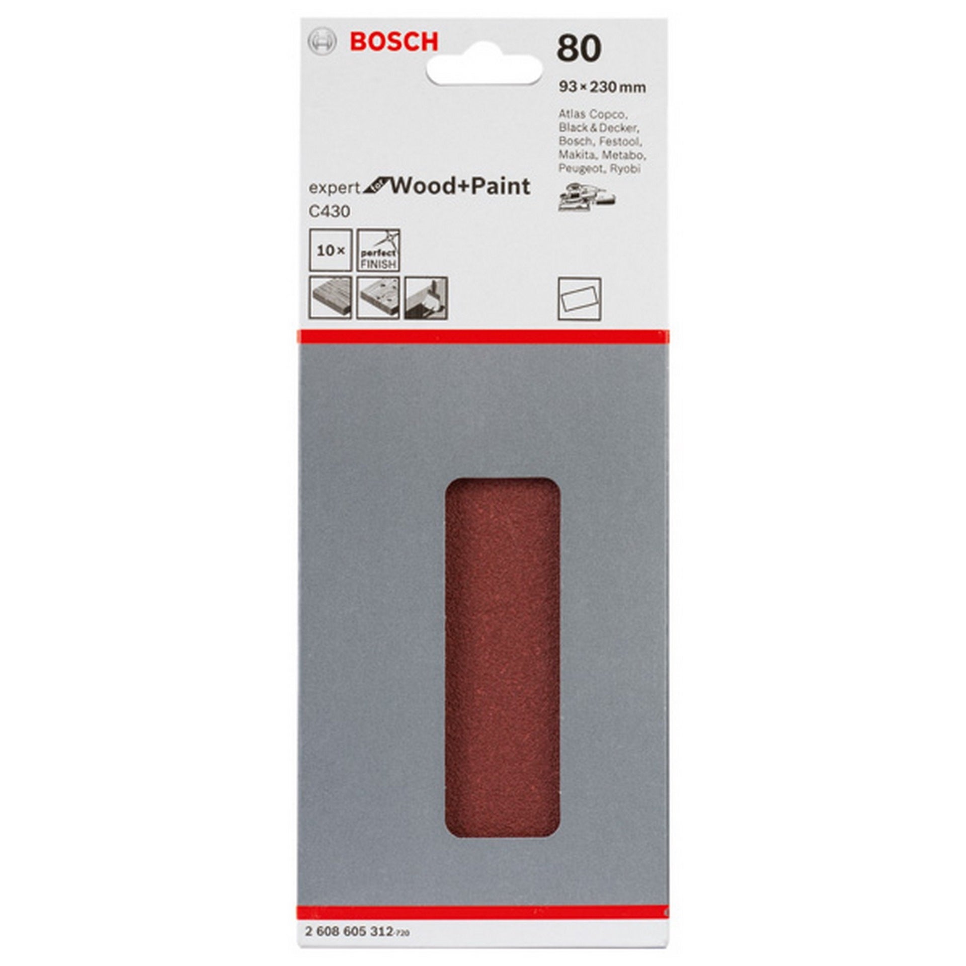 Bosch Schleifblatt C430, 93 x 230 mm, 80, ungelocht, gespannt, 10er-Pack #2608605312