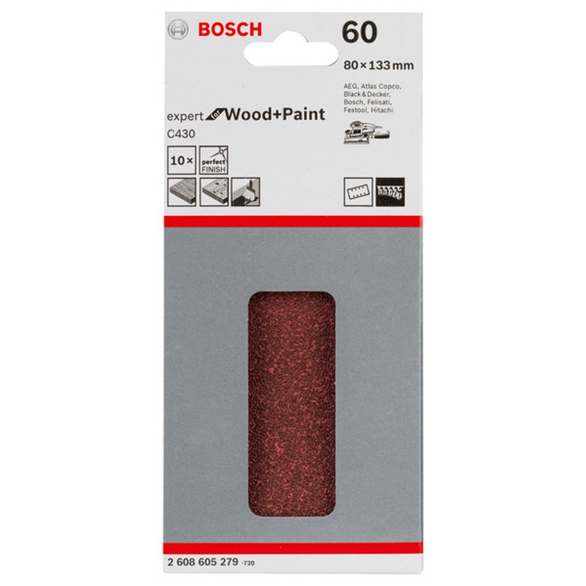 Bosch Schleifblatt C430, 80 x 133 mm, 60, 8 Löcher, Klett, 10er-Pack #2608605279