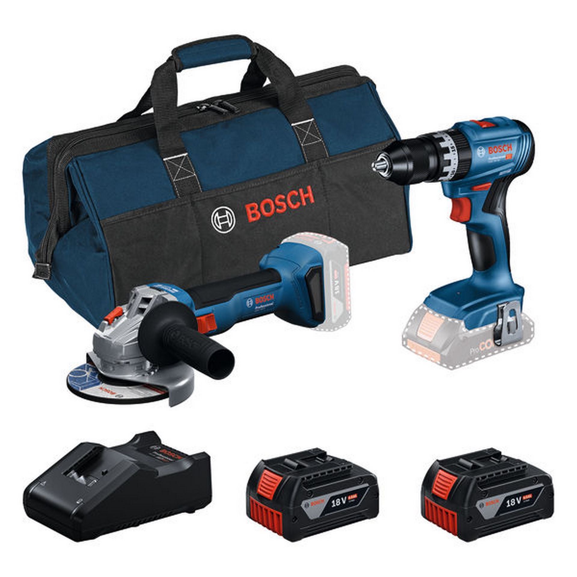 Bosch Combo Kit Set mit 2 18V-Werkzeugen: GSB 18V-45/GWS 18V-8/2xGBA 4.0 Ah/GAL 18V-40 #0615V0001Y