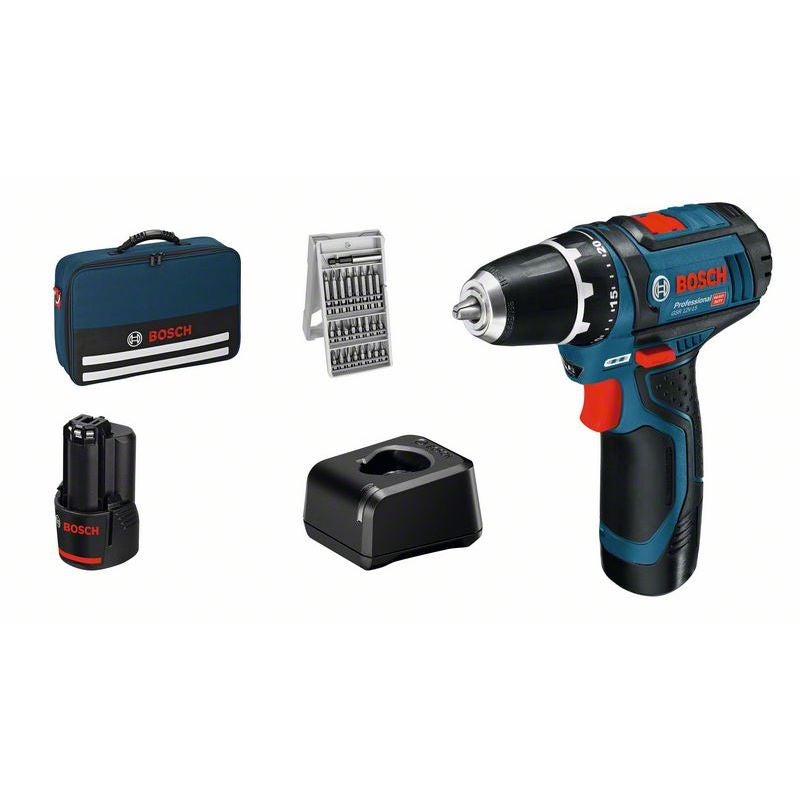 Bosch Akku-Bohrschrauber GSR 12V-15, 2 x Akku GBA 12V 2.0Ah, Bit-Set 25-tlg #060186810H