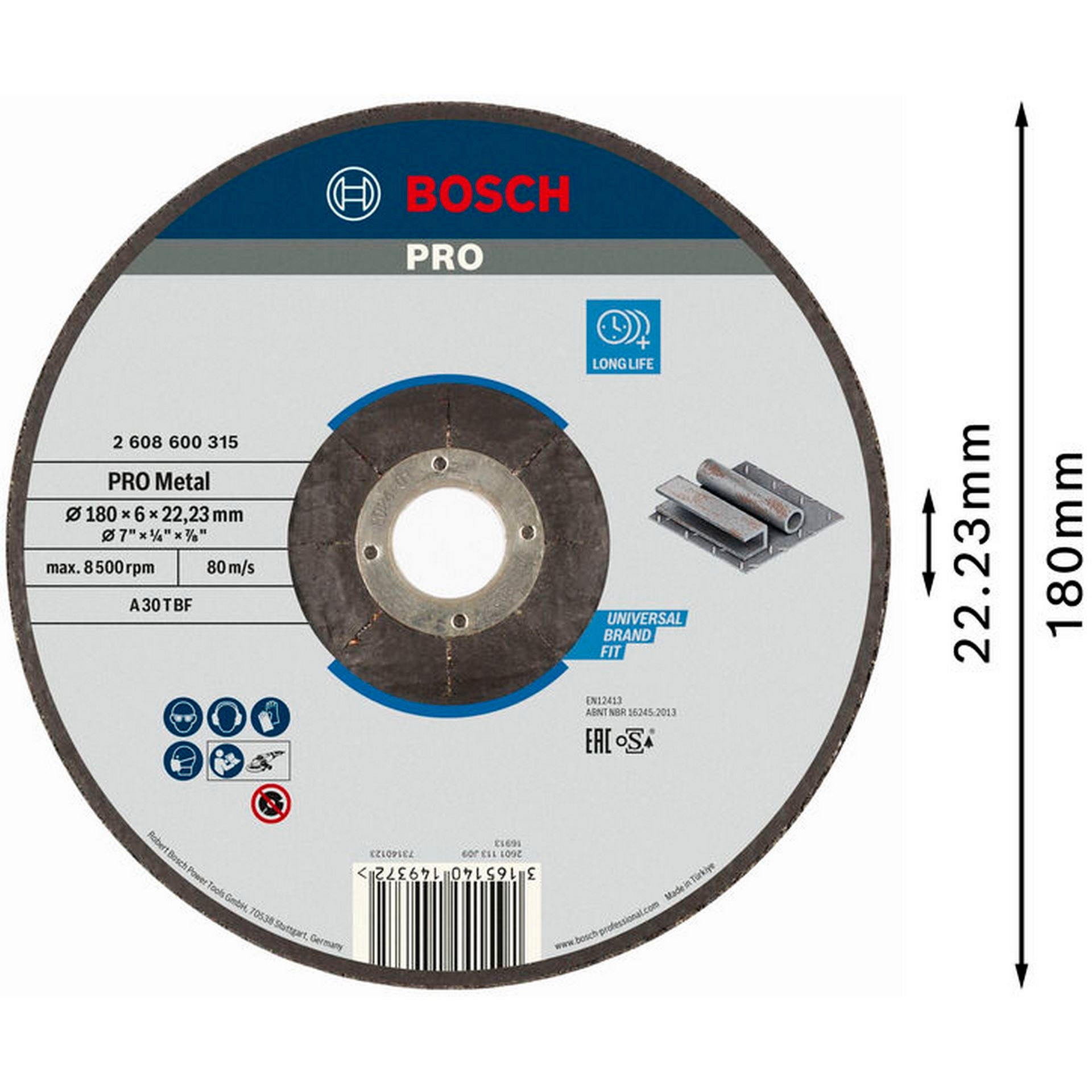 Bosch PRO Metal Schleifscheibe, 180 x 6 x 22.23 mm, oSa #2608600315