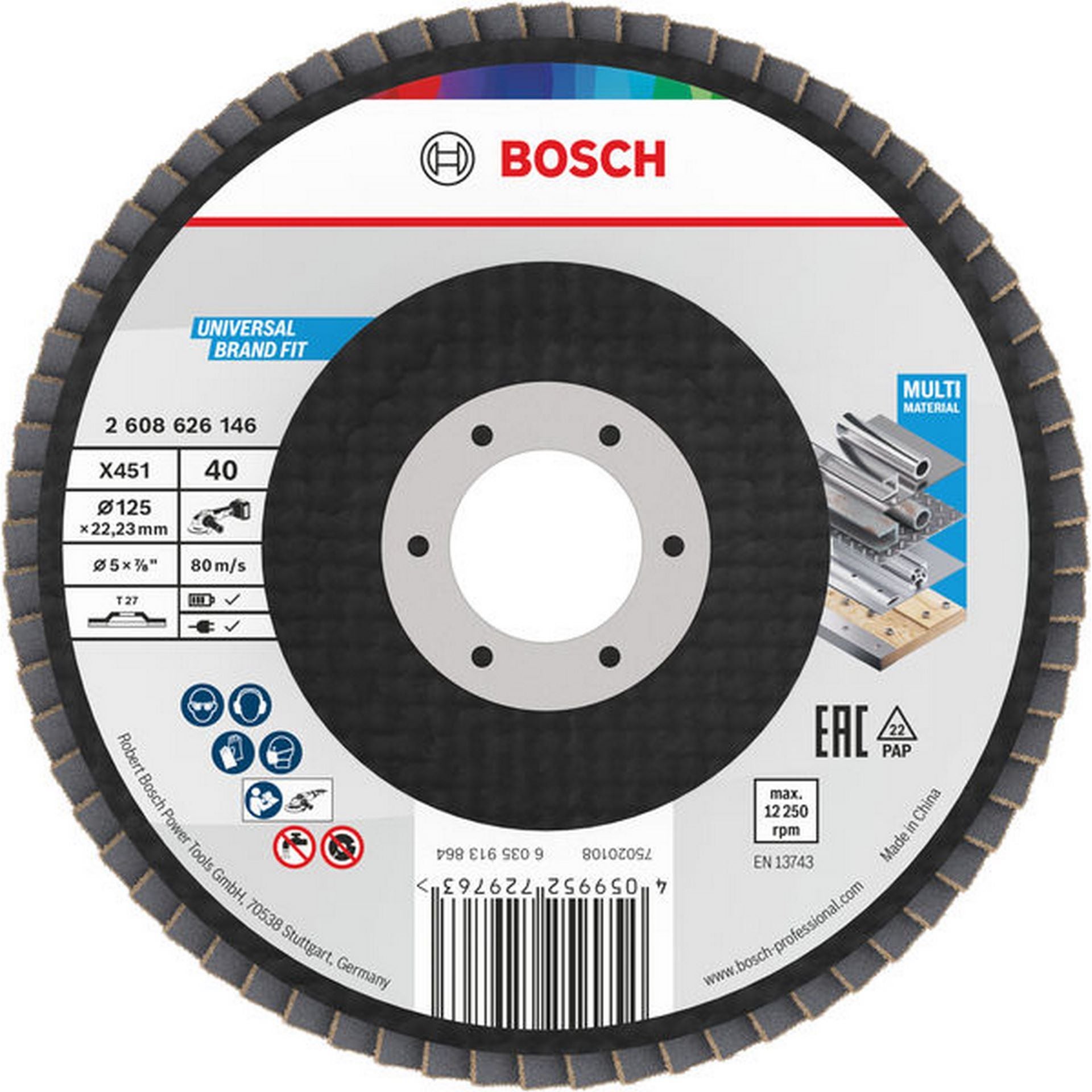 Bosch X451 Fächerschleifscheibe, 125 x 22,23 mm, K40, Z27, 15-tlg #2608626179