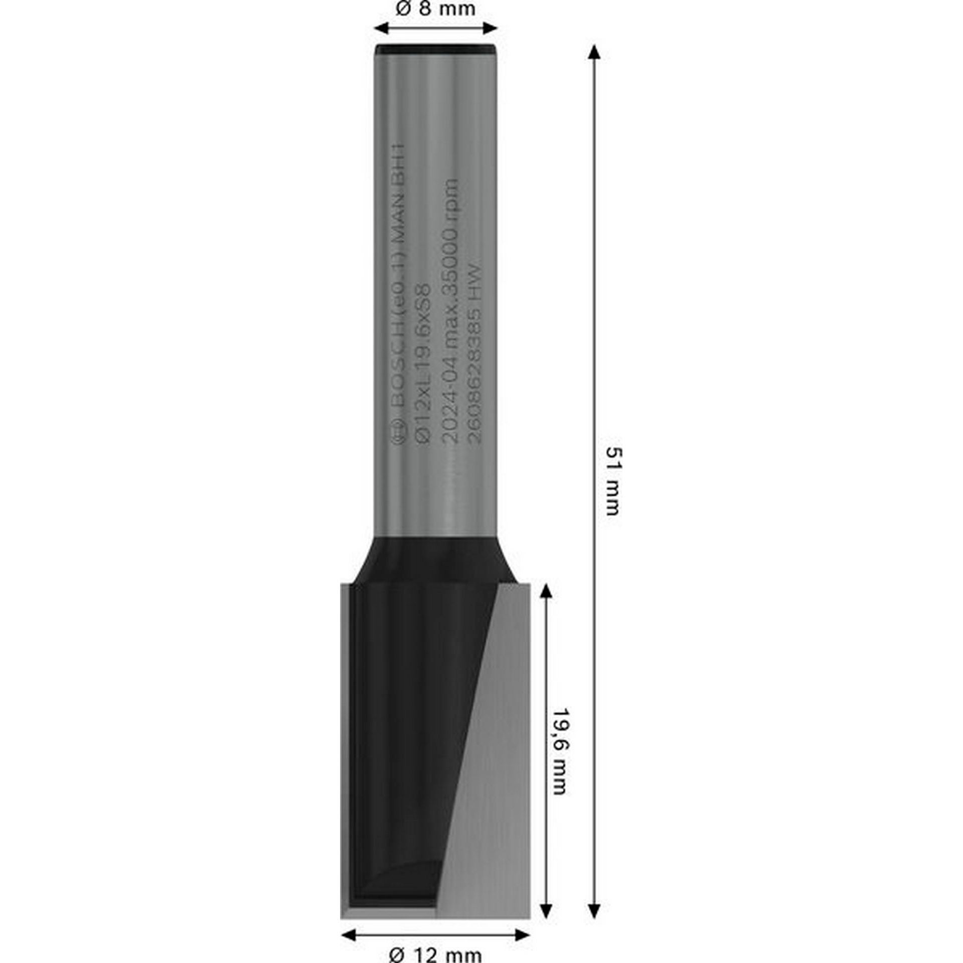 Bosch PRO Nutfräser, zweischneidig, D 12 mm, L 19,6 mm, S 8 mm #2608628385