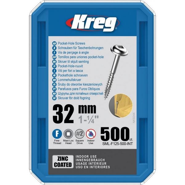 Kreg Pocket-Hole Schrauben 32 mm, Verzinkt, Maxi-Loc, Feingewinde, 500 Stück #SML-F125-500-INT
