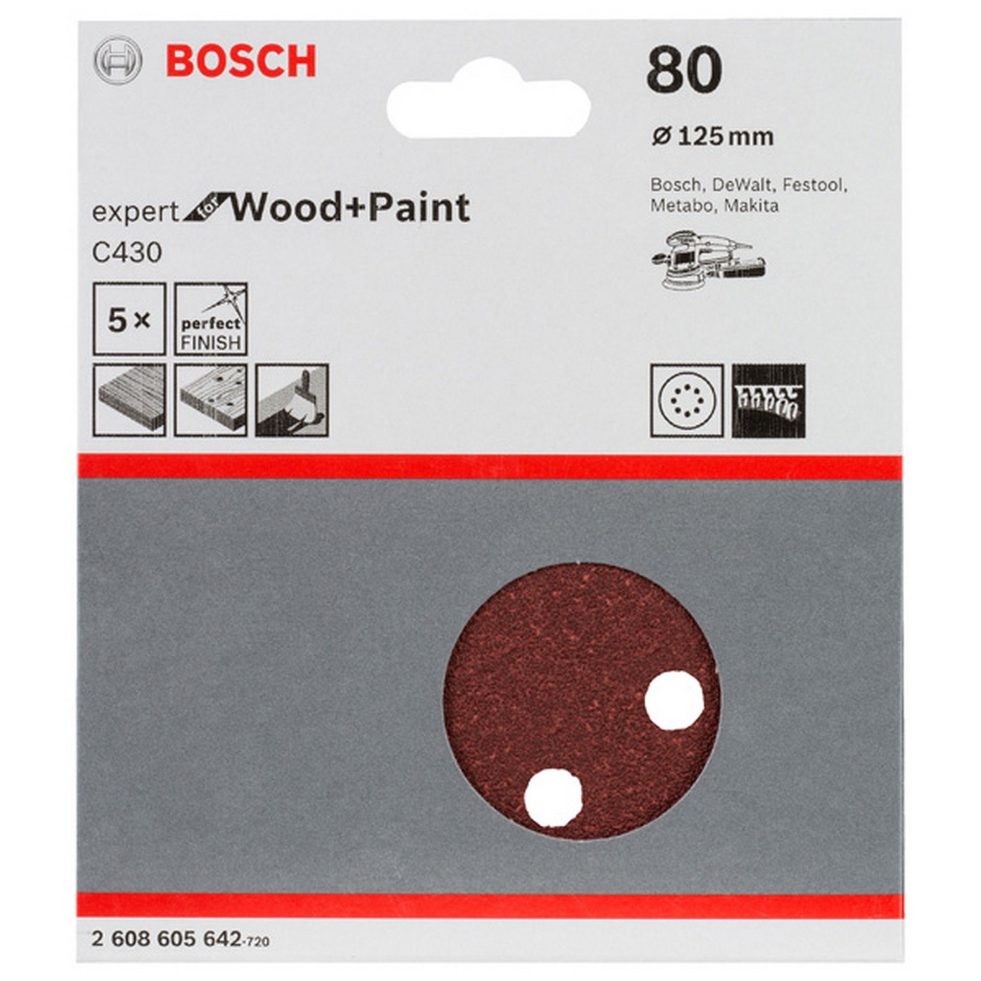 Bosch Schleifblatt C430, 125 mm, 80, 8 Löcher, Klett, 5er-Pack #2608605642