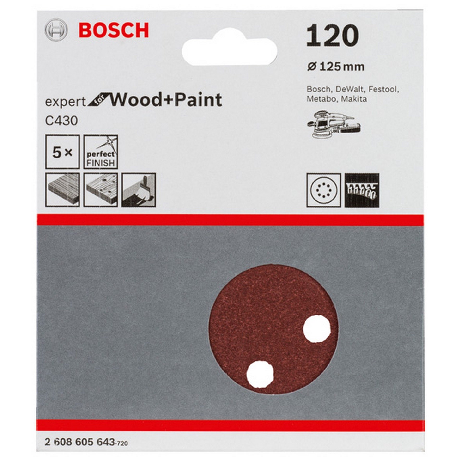 Bosch Schleifblatt C430, 125 mm, 120, 8 Löcher, Klett, 5er-Pack #2608605643
