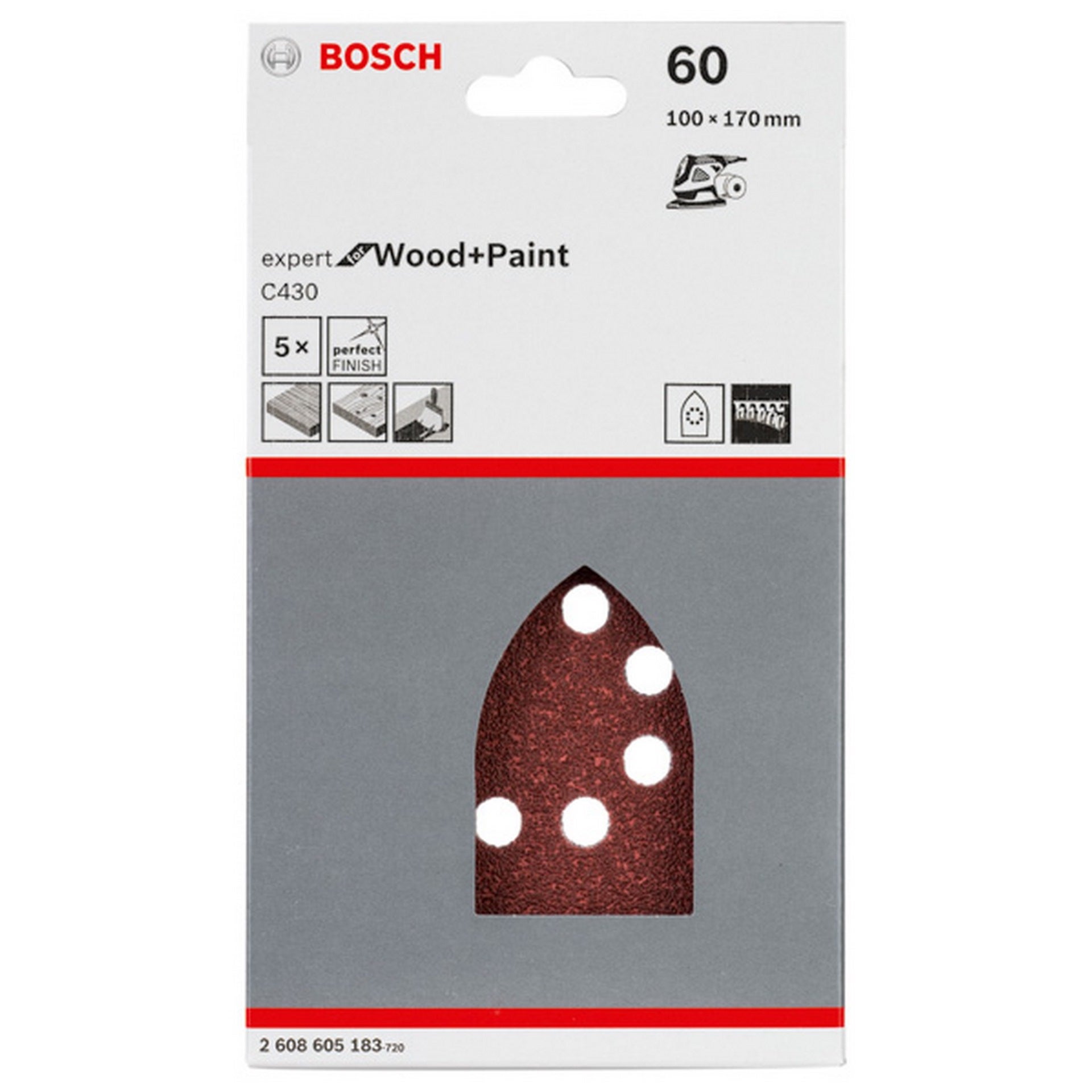 Bosch Schleifblatt C430, 100 x 170 mm, 60, 8 Löcher, Klett, 5er-Pack #2608605183