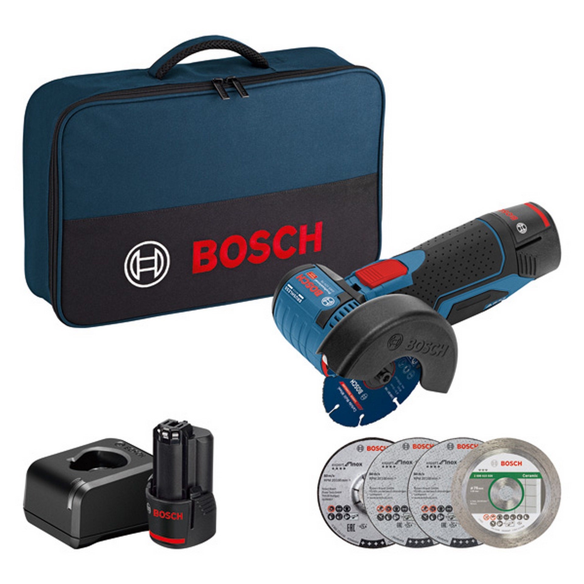 Bosch Akku-Winkelschleifer GWS 12V-76, 2 x Akku GBA 12V 2.0Ah #06019F200C