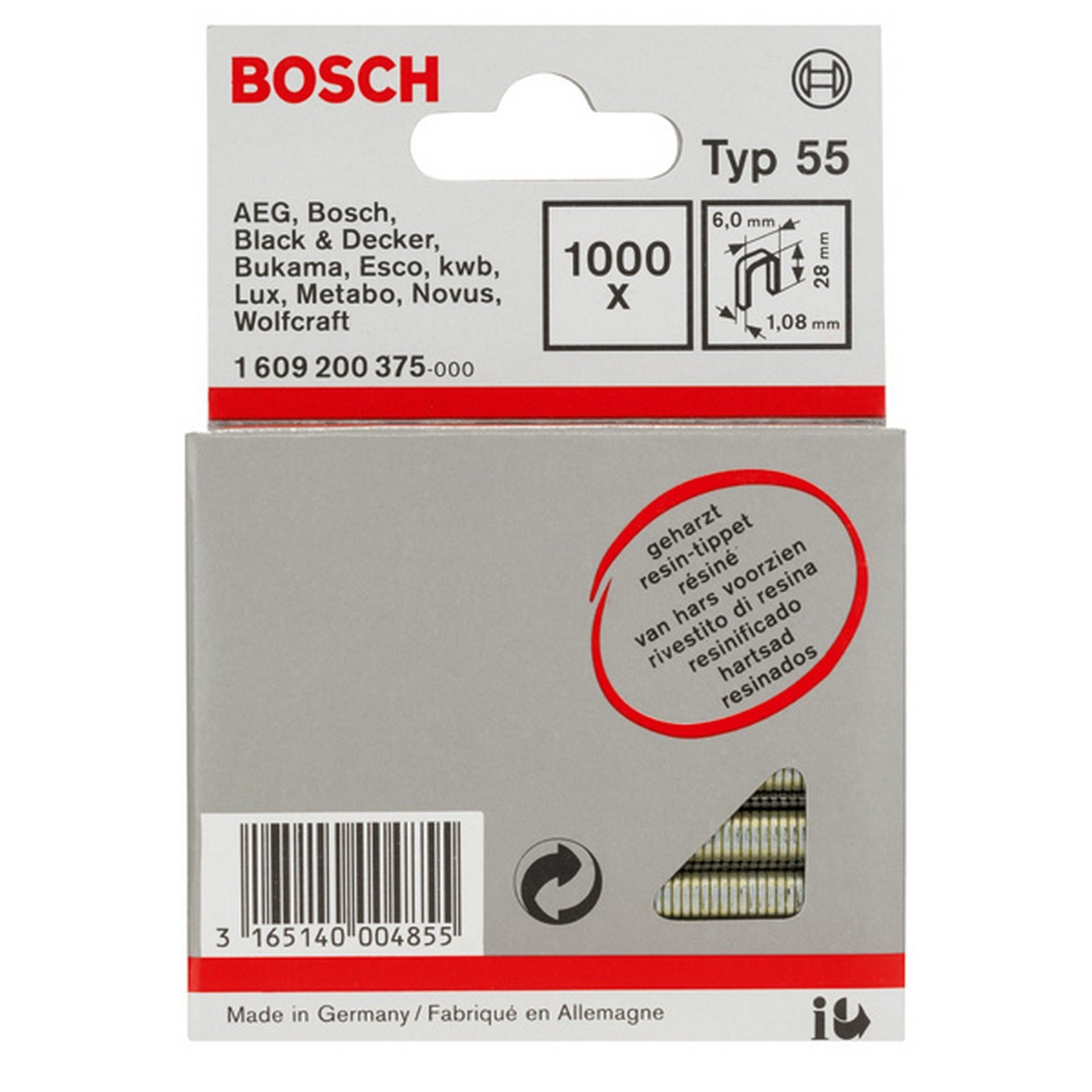 Bosch Schmalrückenklammer Typ 55, geharzt 6 x 1,08 x 28 mm, 1000er-Pack #1609200375