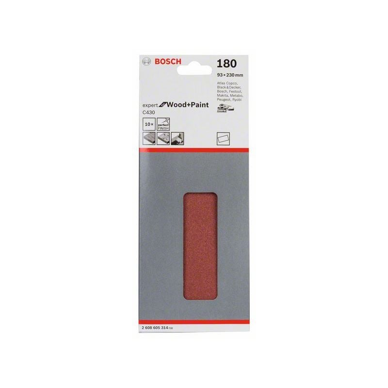 Bosch Schleifblatt C430, 93 x 230 mm, 180, ungelocht, gespannt, 10er-Pack #2608605314