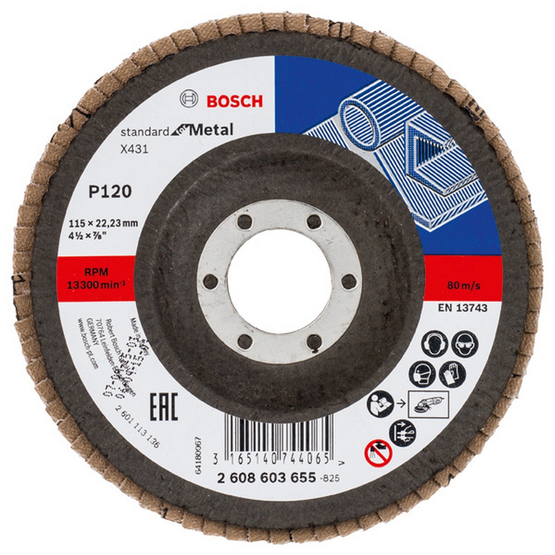 Bosch Fächerschleifscheibe X431 Standard for Metal, gewinkelt, 115 mm, 22,23 mm, 120 #2608603655