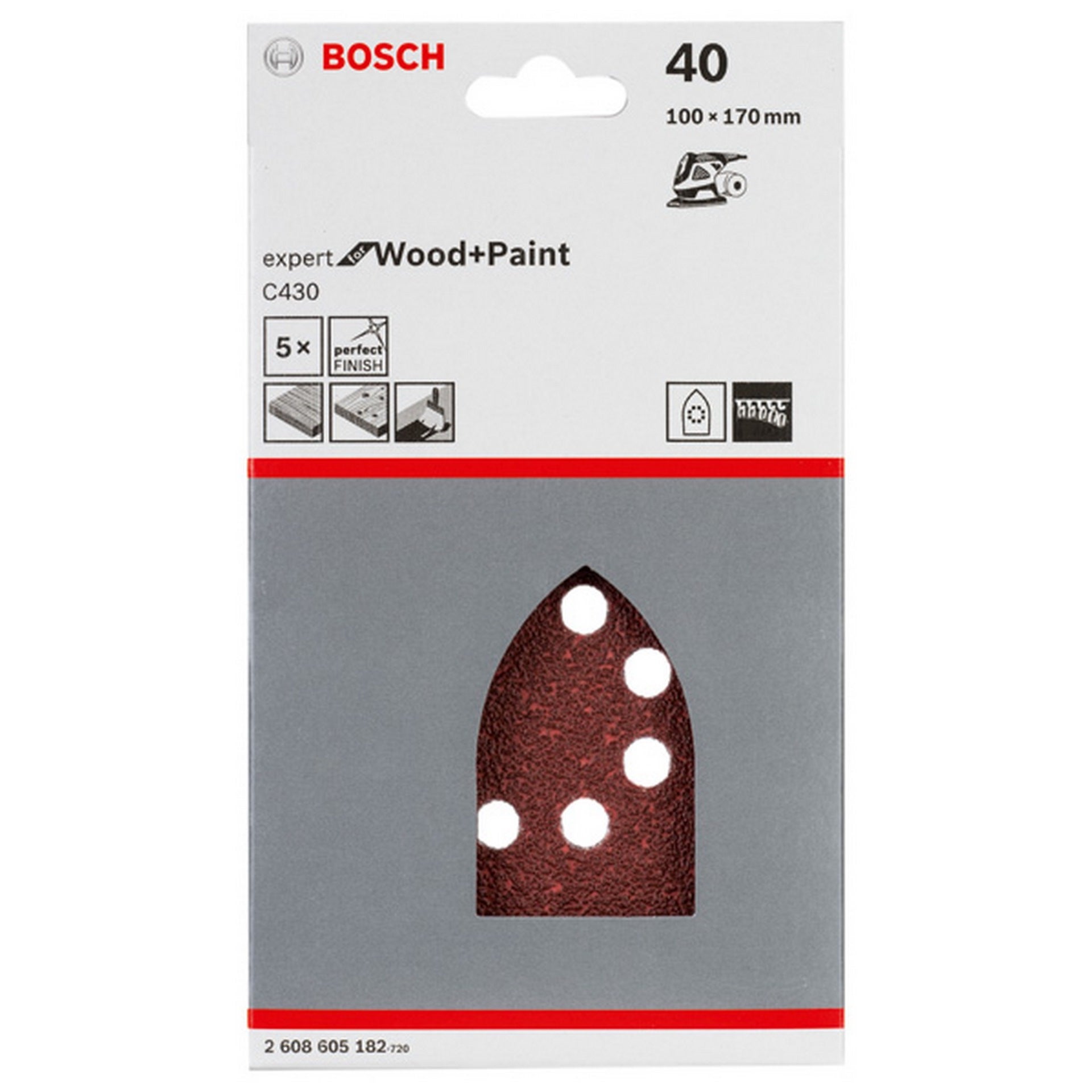 Bosch Schleifblatt C430, 100 x 170 mm, 40, 8 Löcher, Klett, 5er-Pack #2608605182