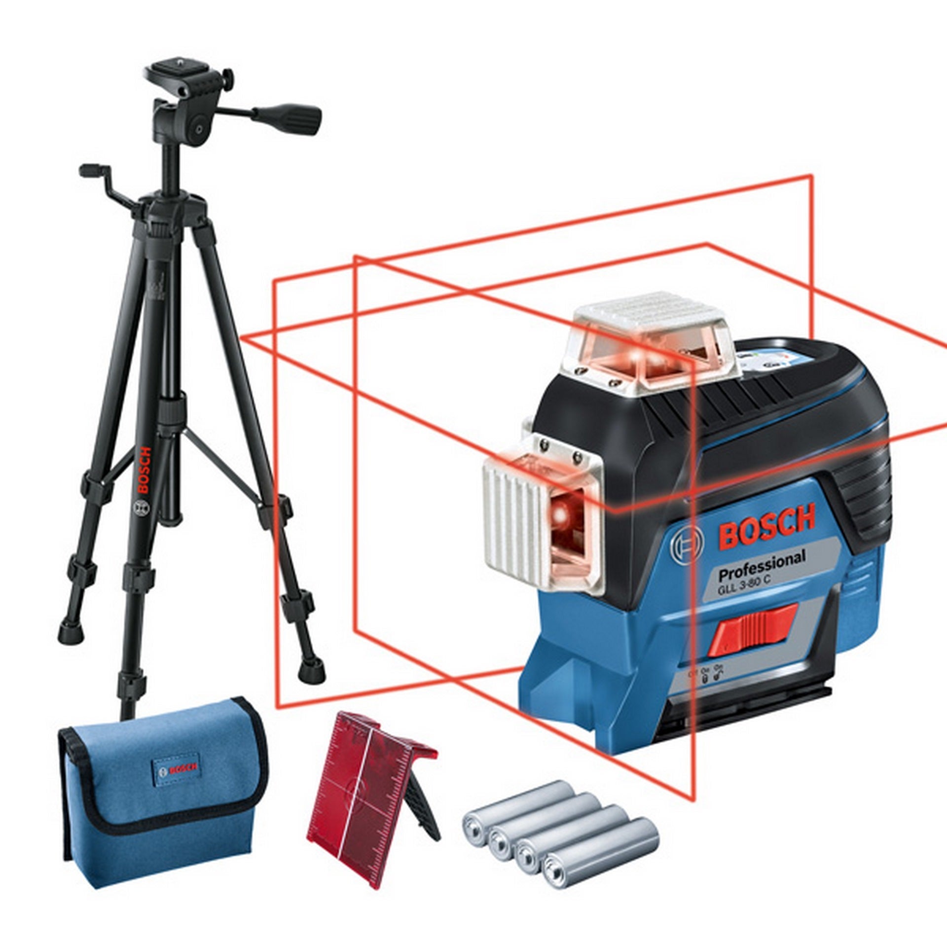Bosch Linienlaser GLL 3-80 C, 4 x 1,5 V-LR6-Batterie + Baustativ BT 150 Professional #0601063R01