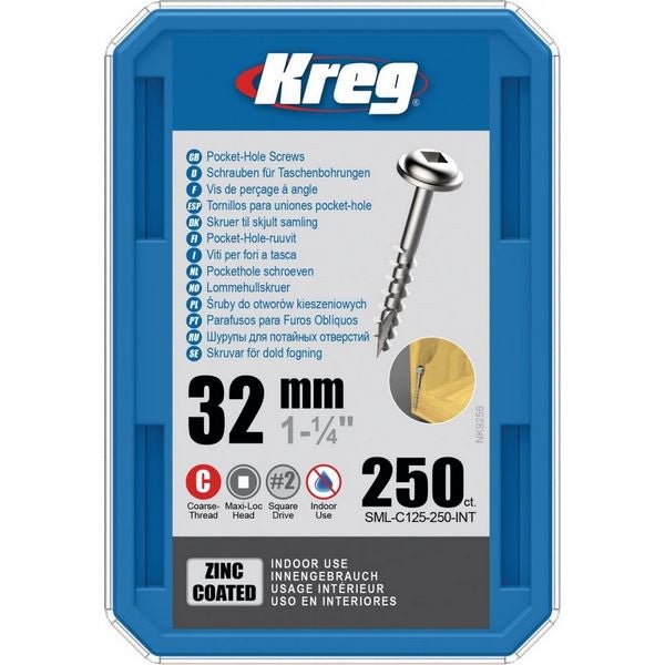 Kreg Pocket-Hole Schrauben 32 mm, Verzinkt, Maxi-Loc, Grobgewinde, 250 Stück #SML-C125-250-INT
