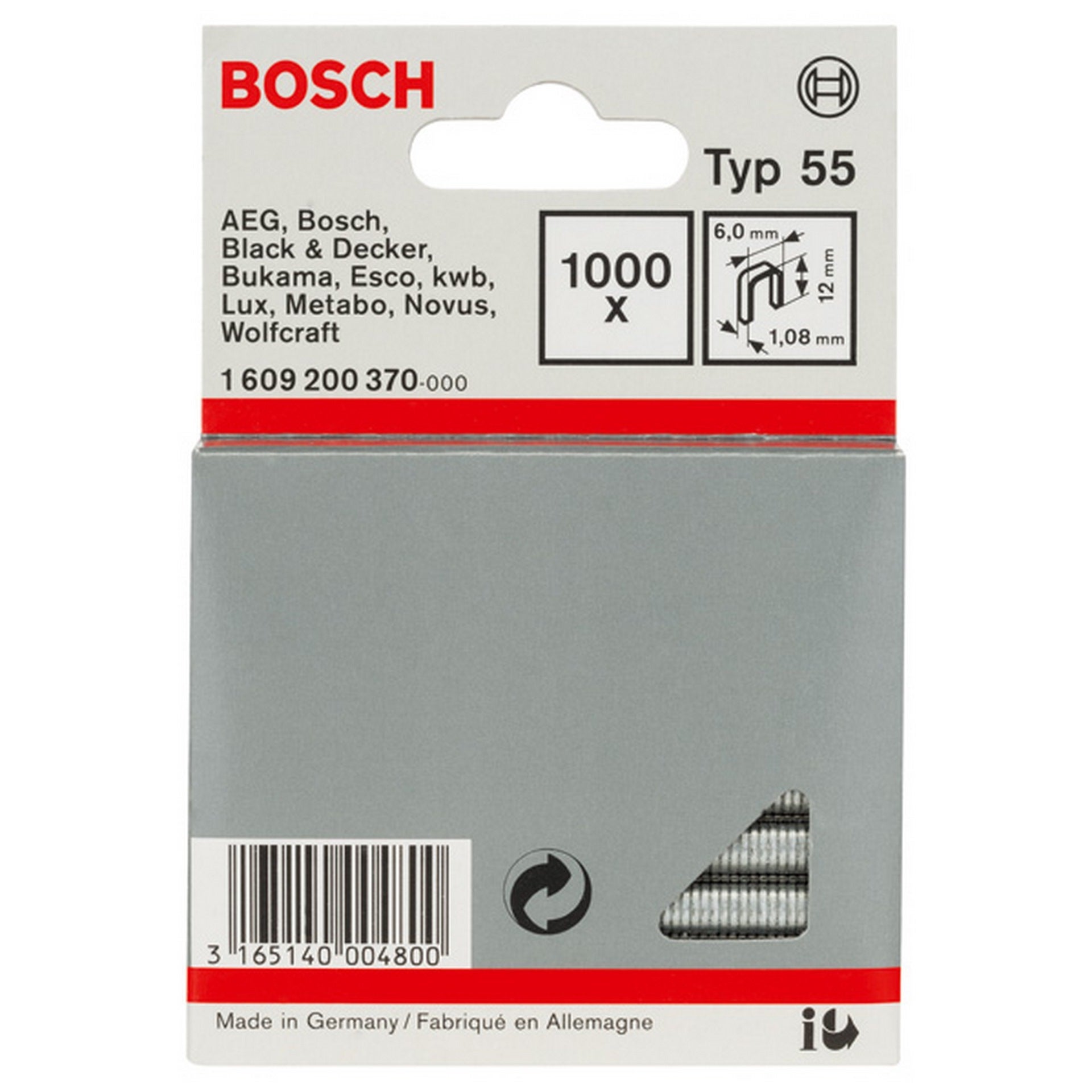 Bosch Schmalrückenklammer Typ 55, 6 x 1,08 x 12 mm, 1000er-Pack #1609200370