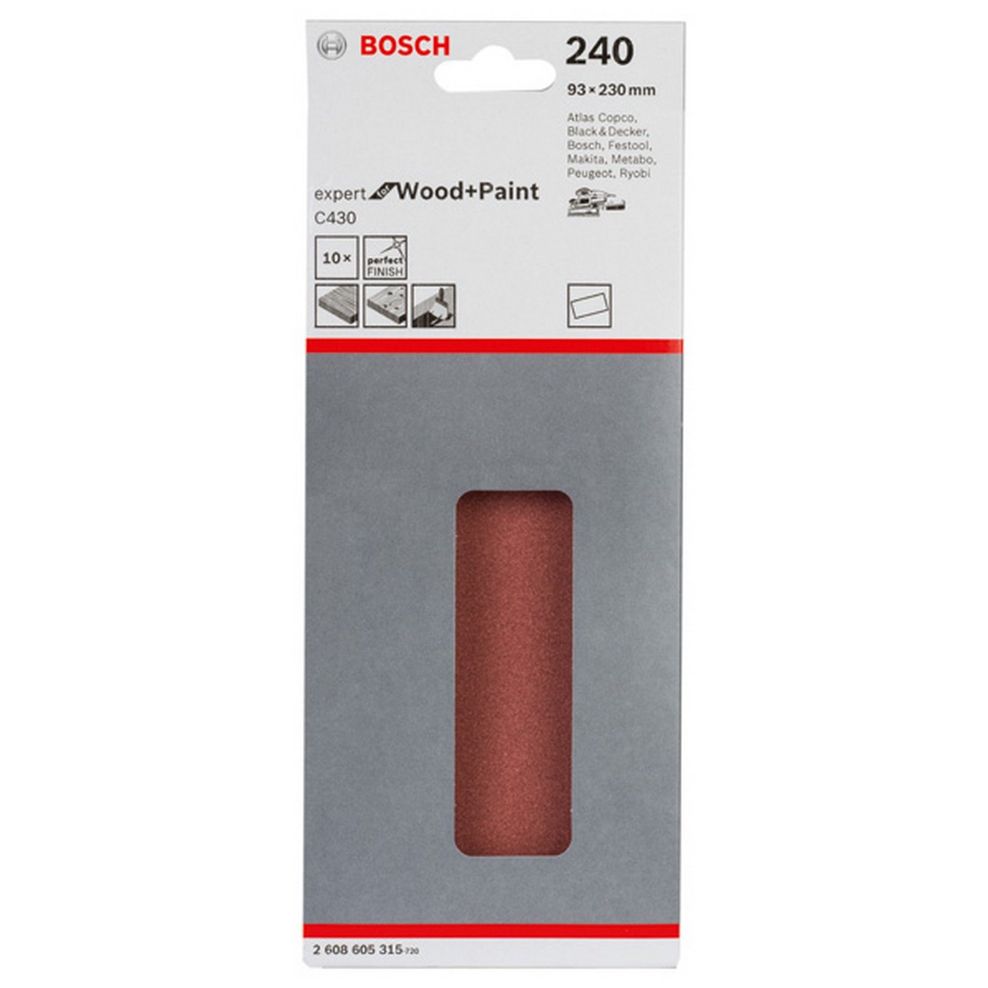 Bosch Schleifblatt C430, 93 x 230 mm, 240, ungelocht, gespannt, 10er-Pack #2608605315