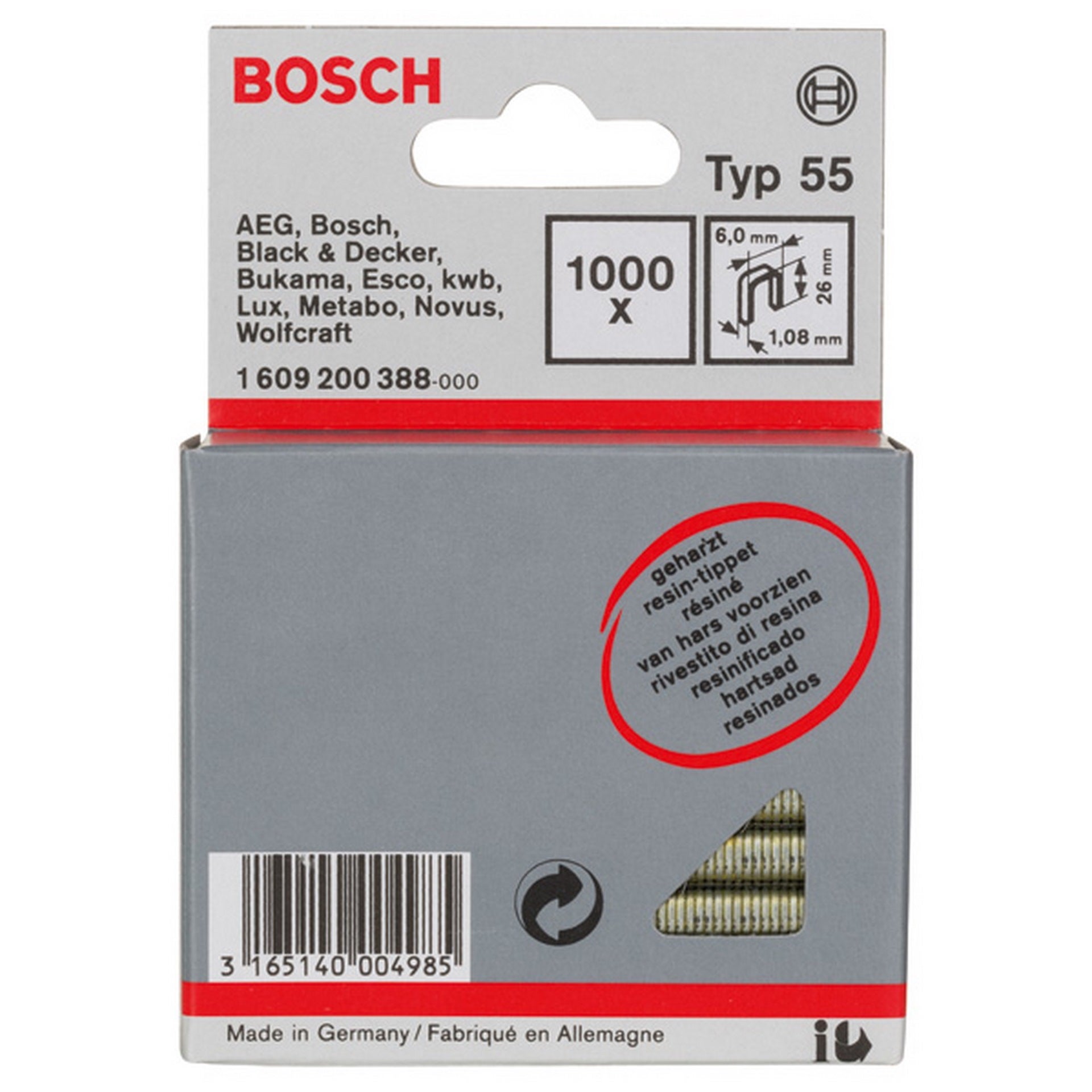 Bosch Schmalrückenklammer Typ 55, geharzt 6 x 1,08 x 26 mm, 1000er-Pack #1609200388