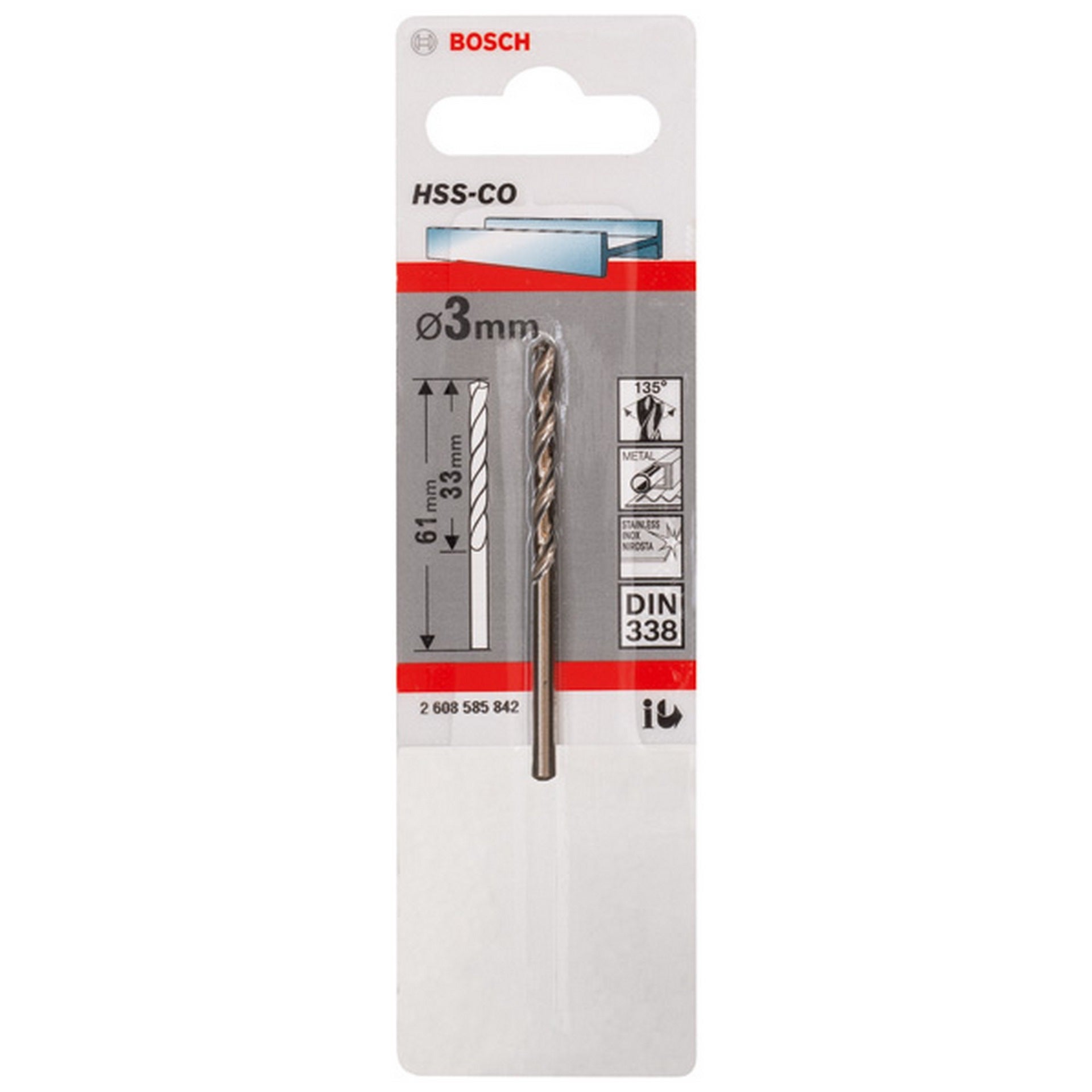 Bosch Metallbohrer HSS-Co, DIN 338, 3 x 33 x 61 mm, 1er-Pack #2608585842
