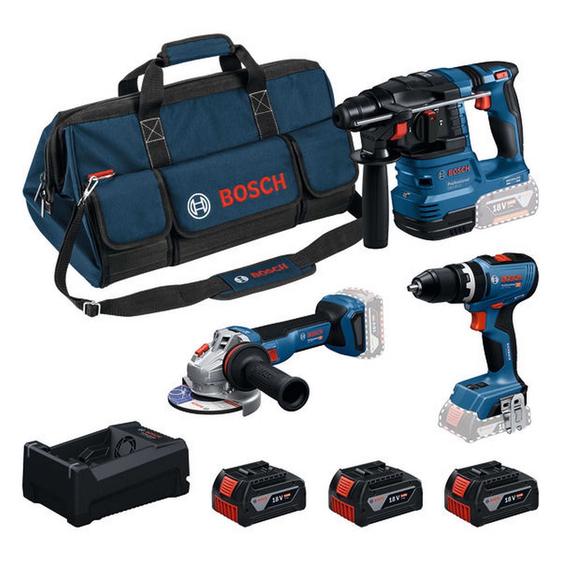 Bosch Combo Kit Set 18V-Werkzeugen: GSB + GWS + GBH + 3x GBA 5.0 Ah + GAL 12V/18V-80 #0615A500AH
