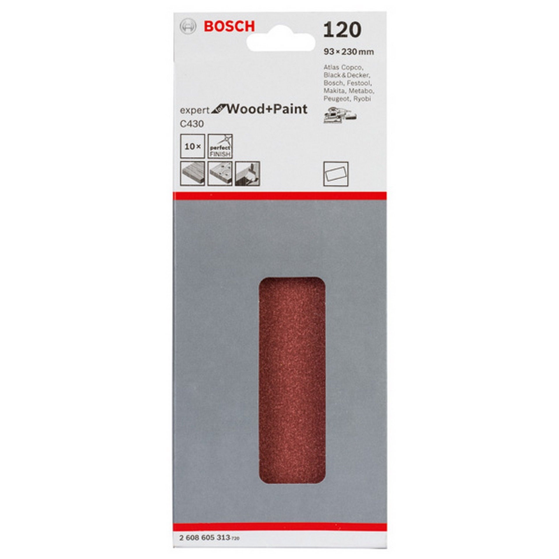 Bosch Schleifblatt C430, 93 x 230 mm, 120, ungelocht, gespannt, 10er-Pack #2608605313