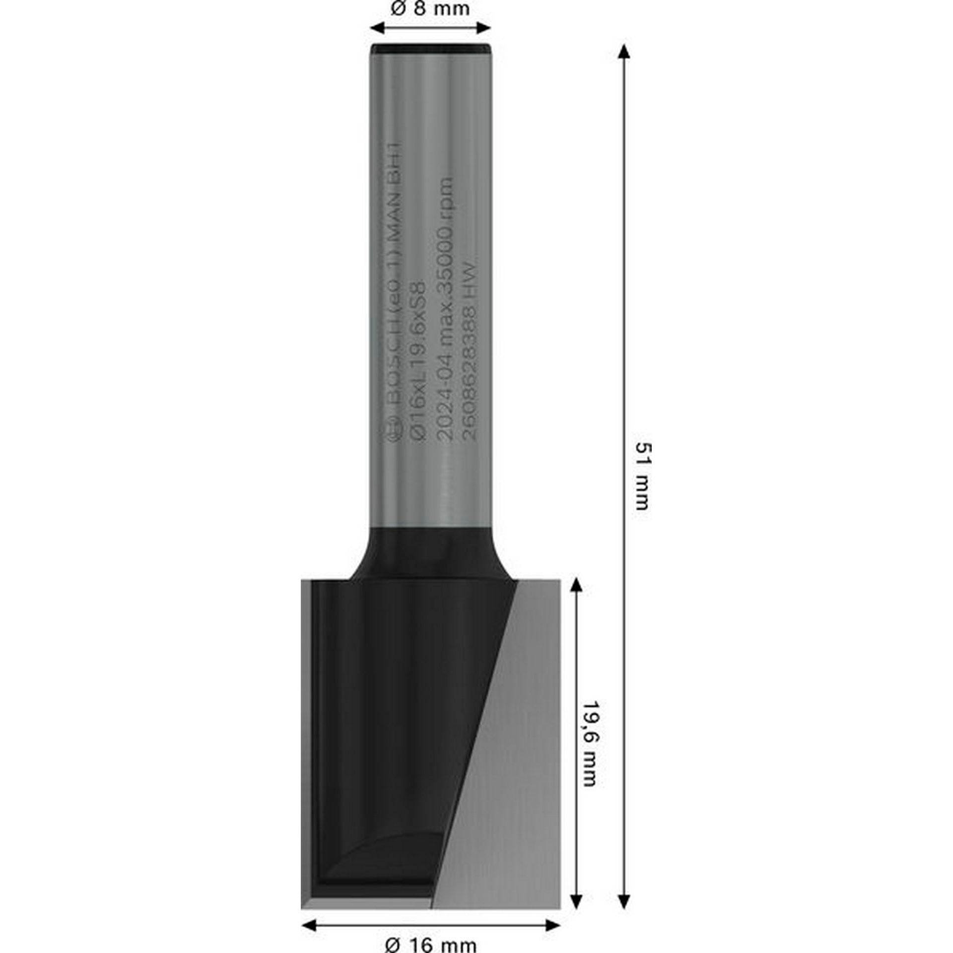 Bosch PRO Nutfräser, zweischneidig, D 16 mm, L 19,6 mm, S 8 mm #2608628388