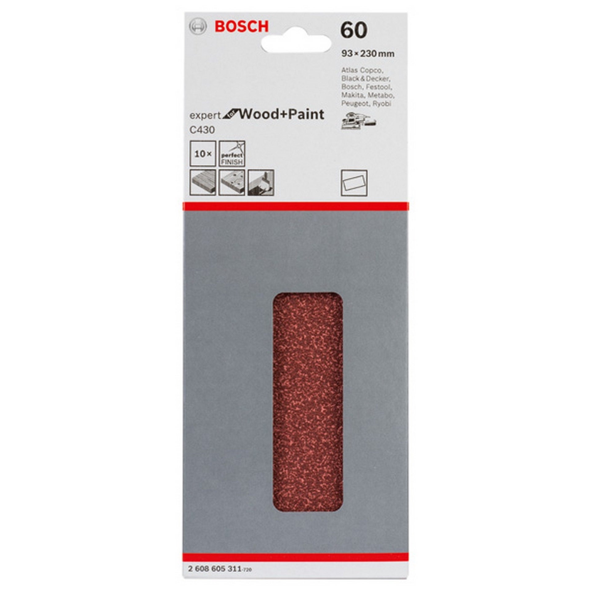 Bosch Schleifblatt C430, 93 x 230 mm, 60, ungelocht, gespannt, 10er-Pack #2608605311