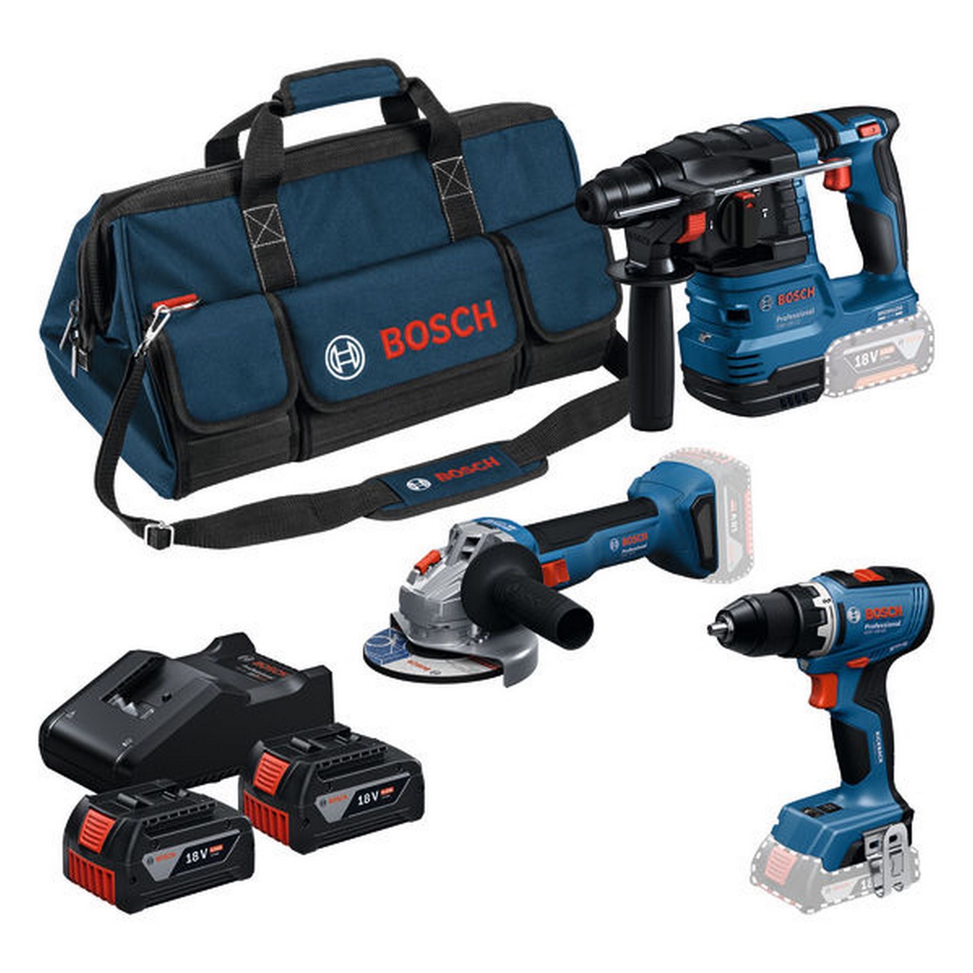 Bosch Combo Kit 18V-Set mit 3 Werkzeugen: GSR+GWS+GBH+2 x GBA 18V 4.0 Ah+GAL 18V-40 #0615A50094