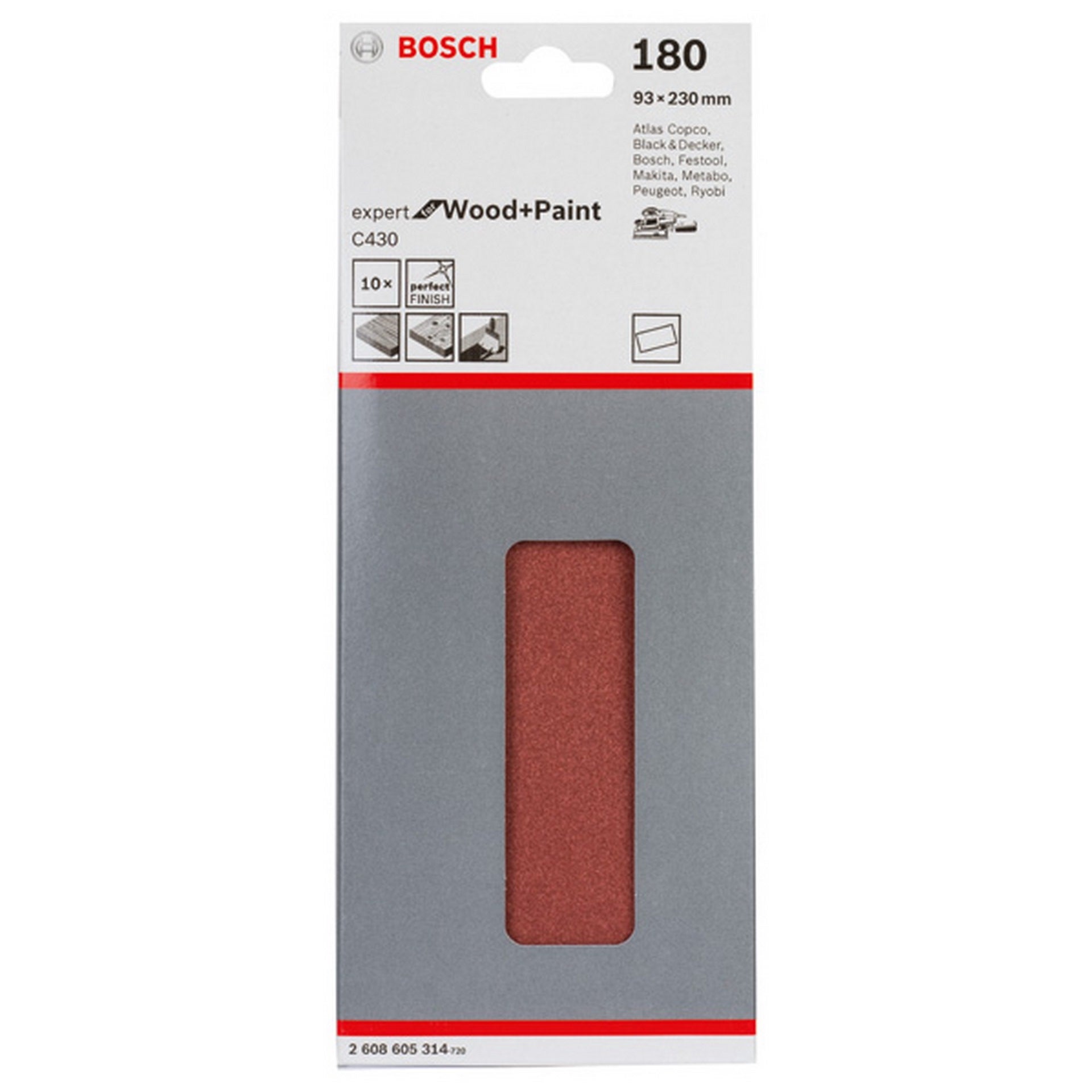 Bosch Schleifblatt C430, 93 x 230 mm, 180, ungelocht, gespannt, 10er-Pack #2608605314