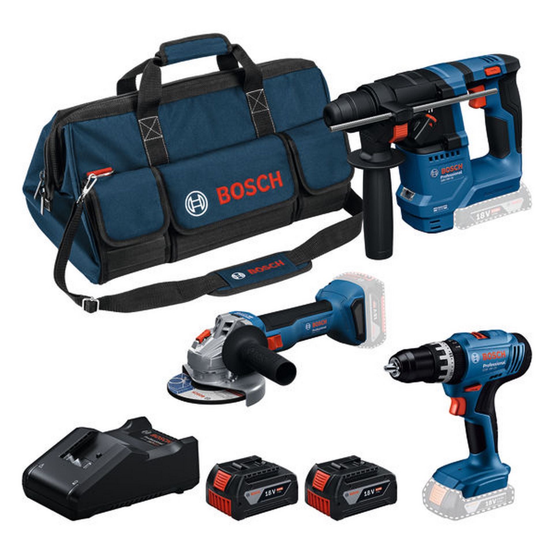 Bosch Combo Kit Set mit 3 18V-Werkzeugen: GSB + GBH + GWS + 2x GBA 4.0Ah + GAL18V-40 #0615A500AG