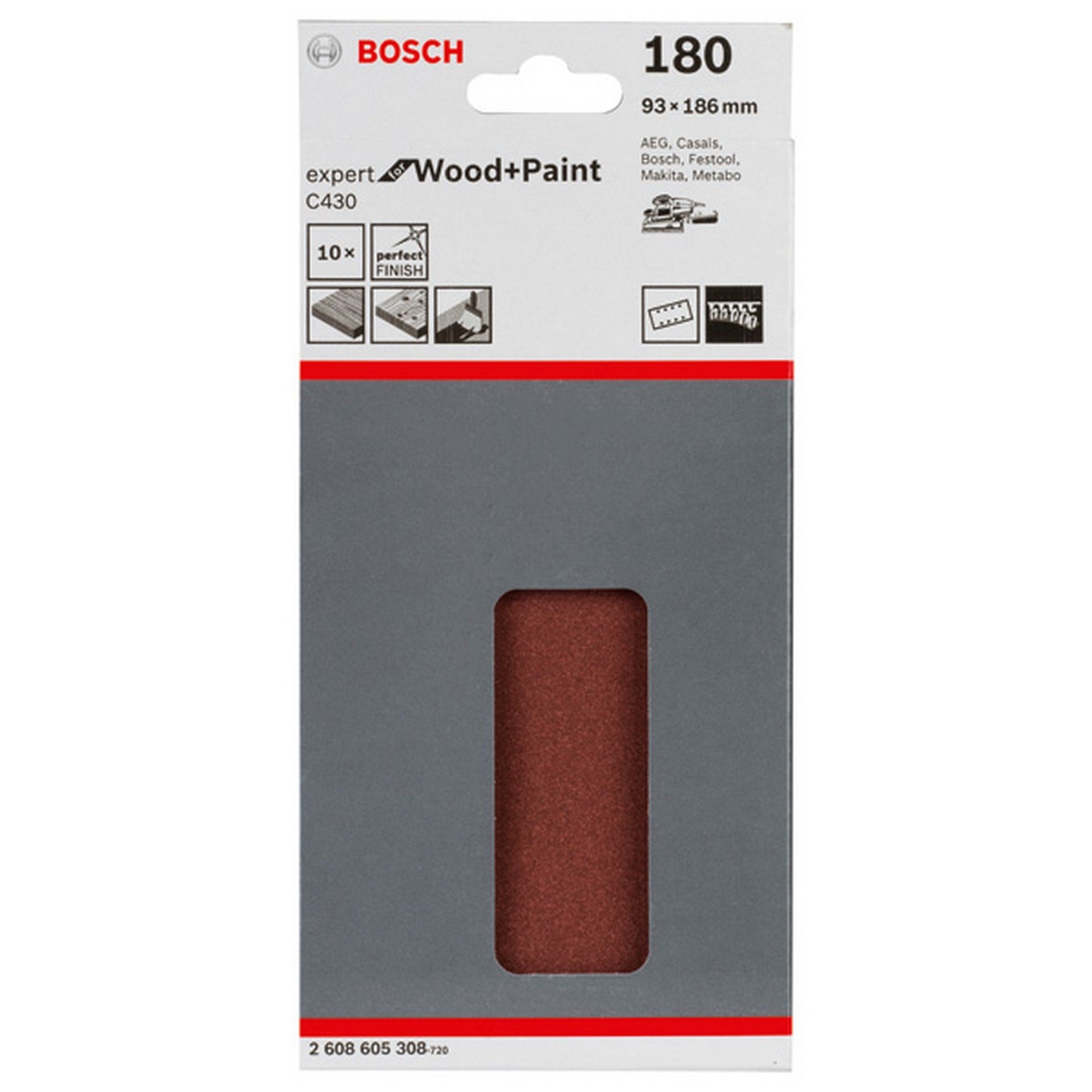 Bosch Schleifblatt C430, 93 x 186 mm, 180, 8 Löcher, 10er-Pack #2608605308