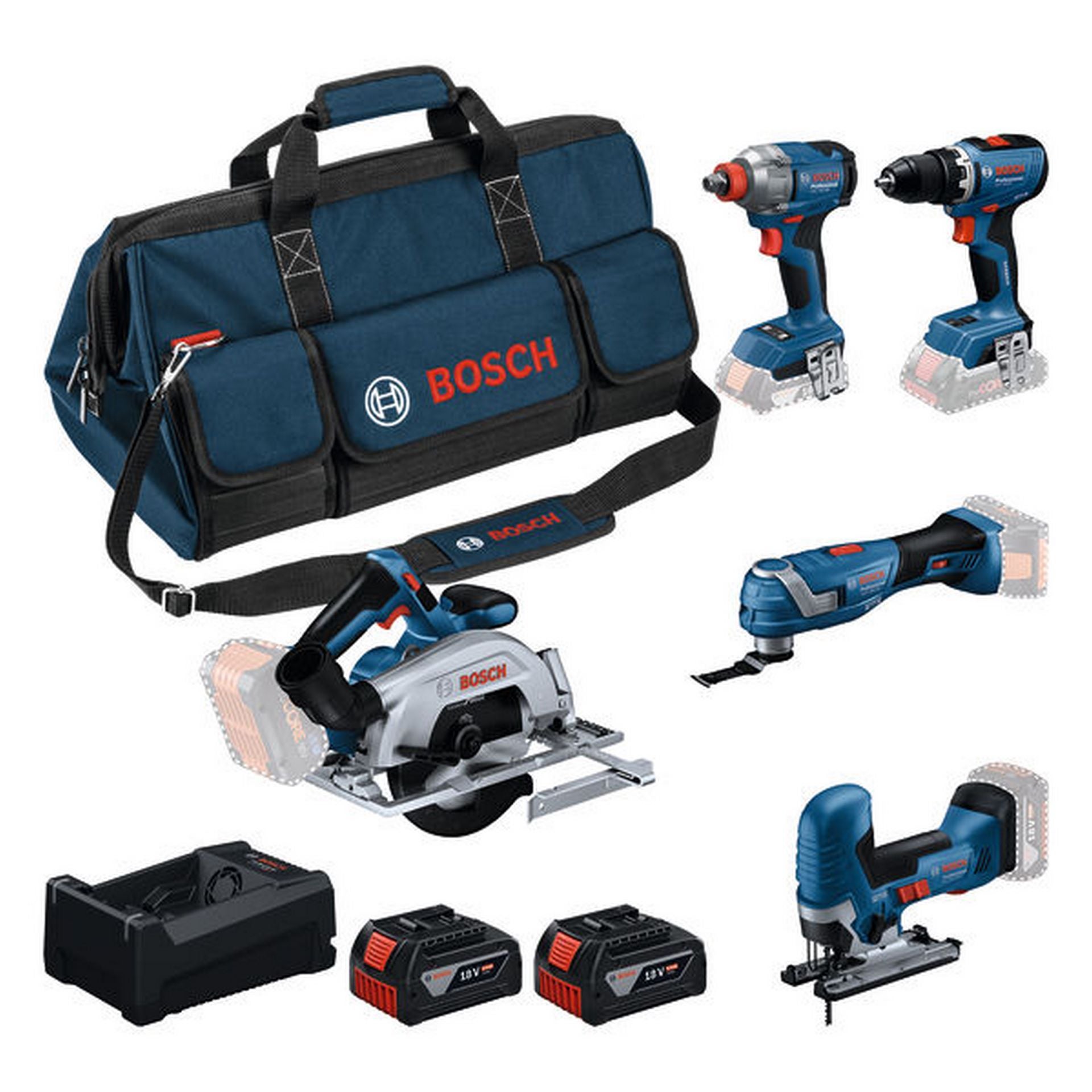 Bosch Combo Kit 18V-Set: GSR 18V-65+GDX 18V-285+GKS 18V-57-2+GOP 18V-34+GST 18V-125 S #0615A500BV