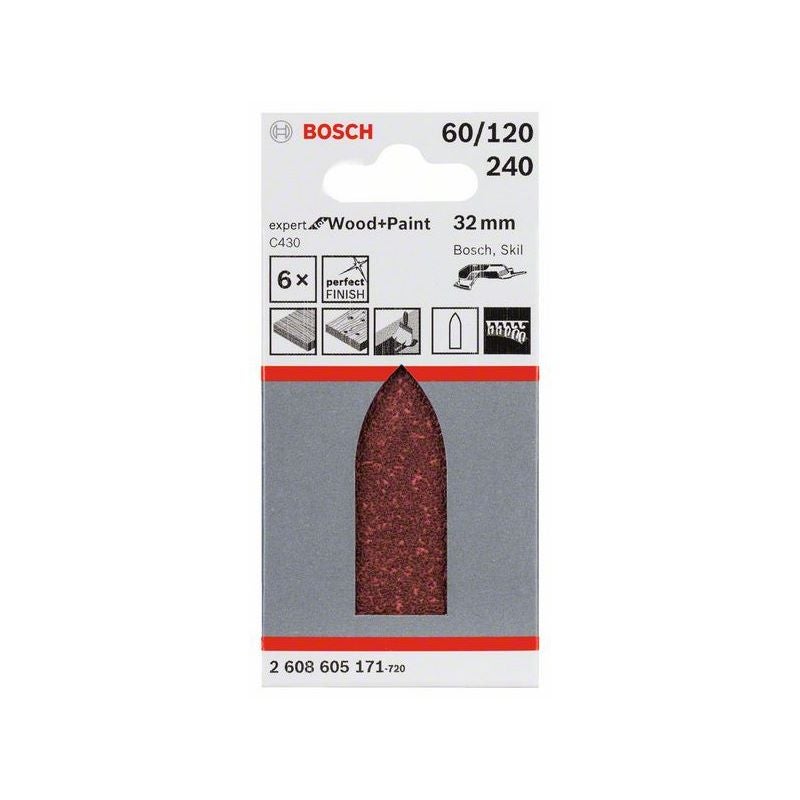 Bosch Schleifblatt C430, 32 mm, 60, 120, 240, ungelocht, Klett, 6er-Pack #2608605171