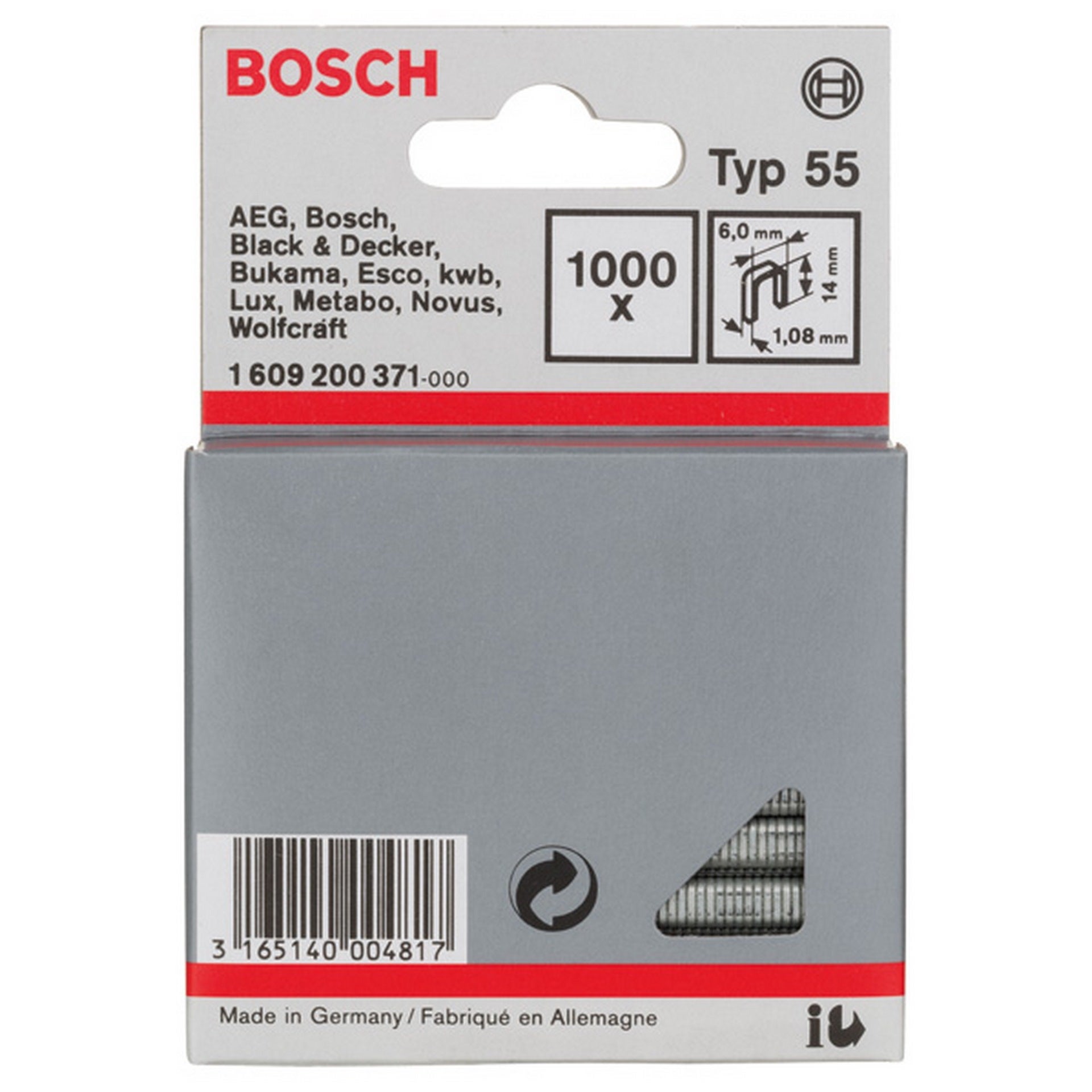 Bosch Schmalrückenklammer Typ 55, 6 x 1,08 x 14 mm, 1000er-Pack #1609200371