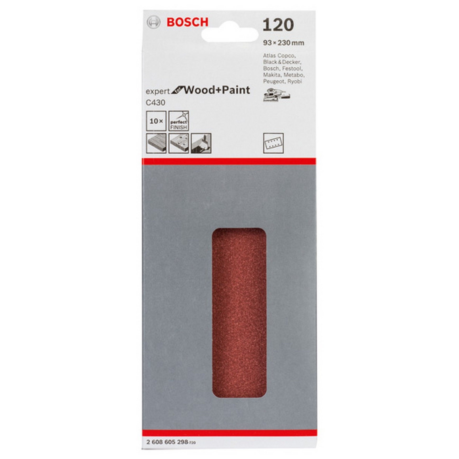 Bosch Schleifblatt C430, 93 x 230 mm, 120, 8 Löcher, gespannt, 10er-Pack #2608605298