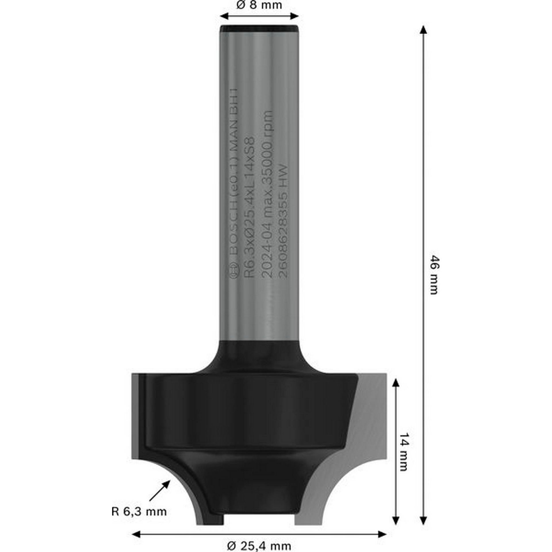 Bosch PRO Abrundfräser, R 6,3 mm, S 8 mm #2608628355