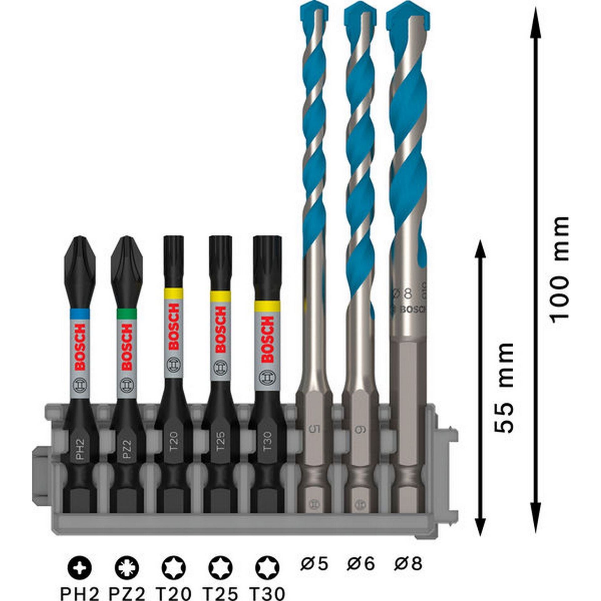 Bosch PRO Impact Set mit Multi Constr. Bohrer, PH2/PZ2/T20/T25/T30, MC 5/6/8, 8-tlg. #2608577144