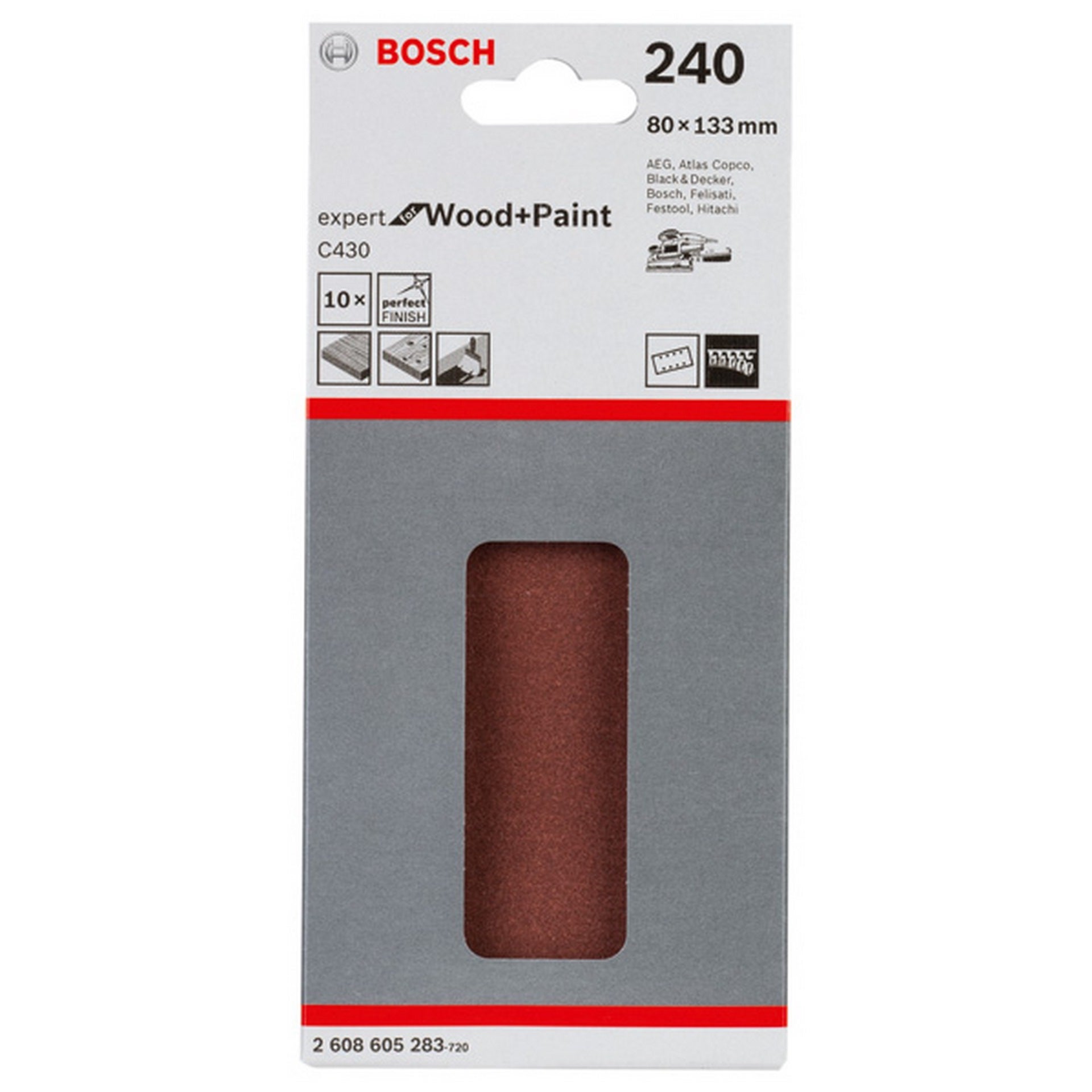Bosch Schleifblatt C430, 80 x 133 mm, 240, 8 Löcher, Klett, 10er-Pack #2608605283