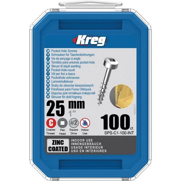 Kreg Pocket-Hole Schrauben 25 mm, Verzinkt, Flachkopf, Grobgewinde, 100 Stück #SPS-C1-100-INT