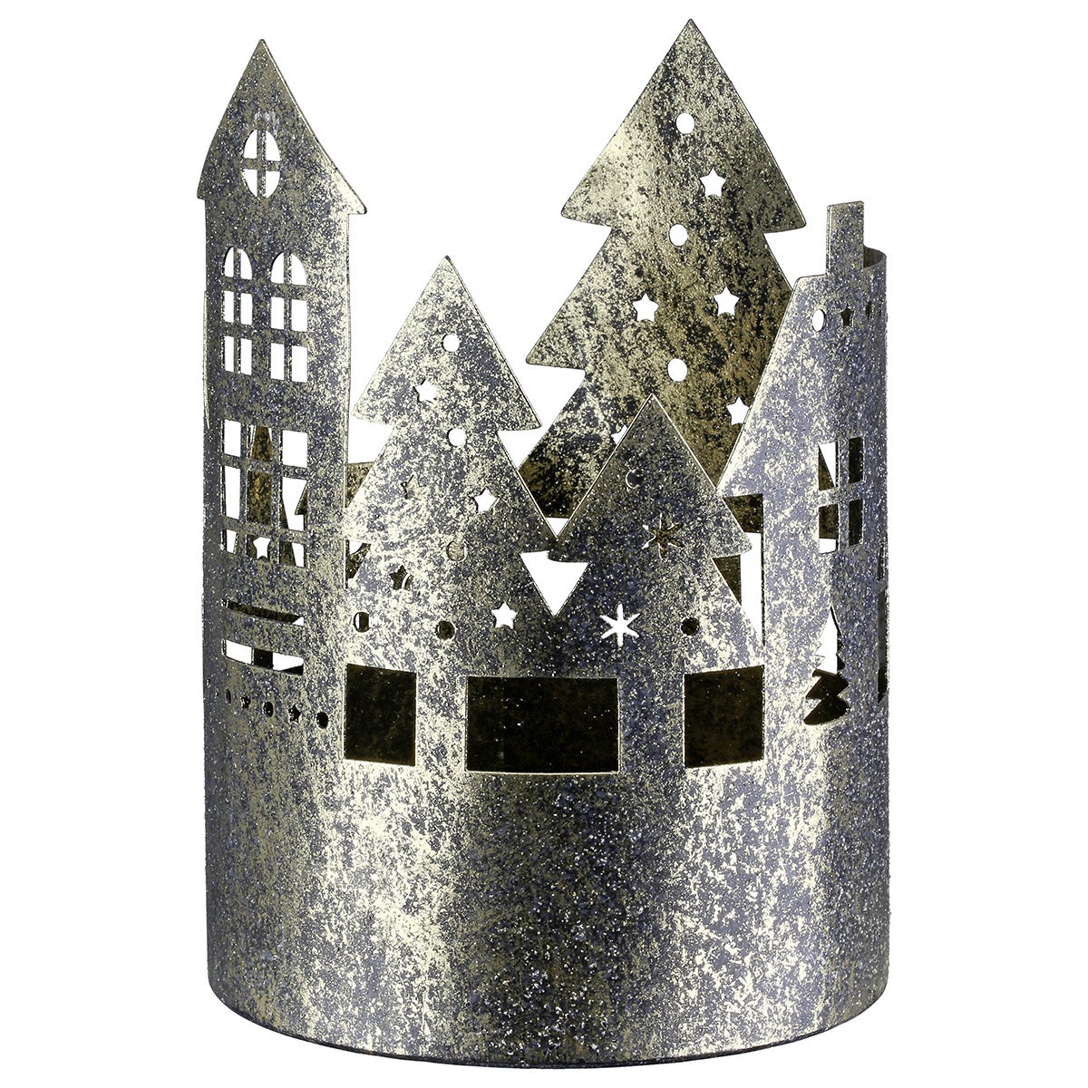 Windlicht "Häuser mit Bäumen" 17cm goldfarben (Metall)