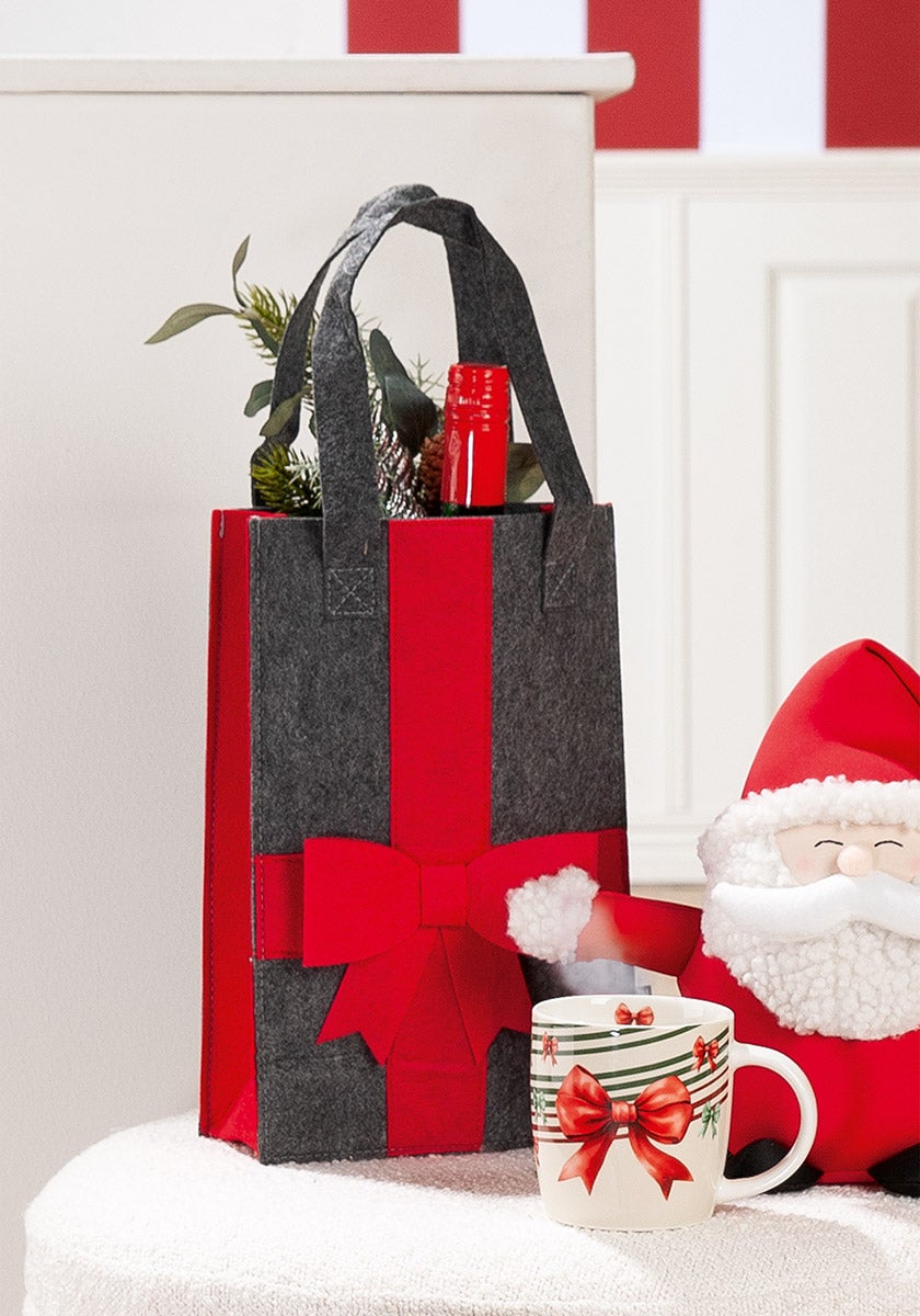 Geschenktasche "Schleife" dunkelgrau/rot (Filz)