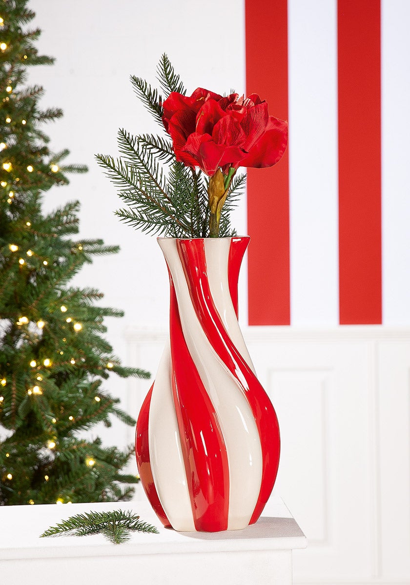 Vase "Candy" 39,5cm  gestreift creme/rot (Keramik)