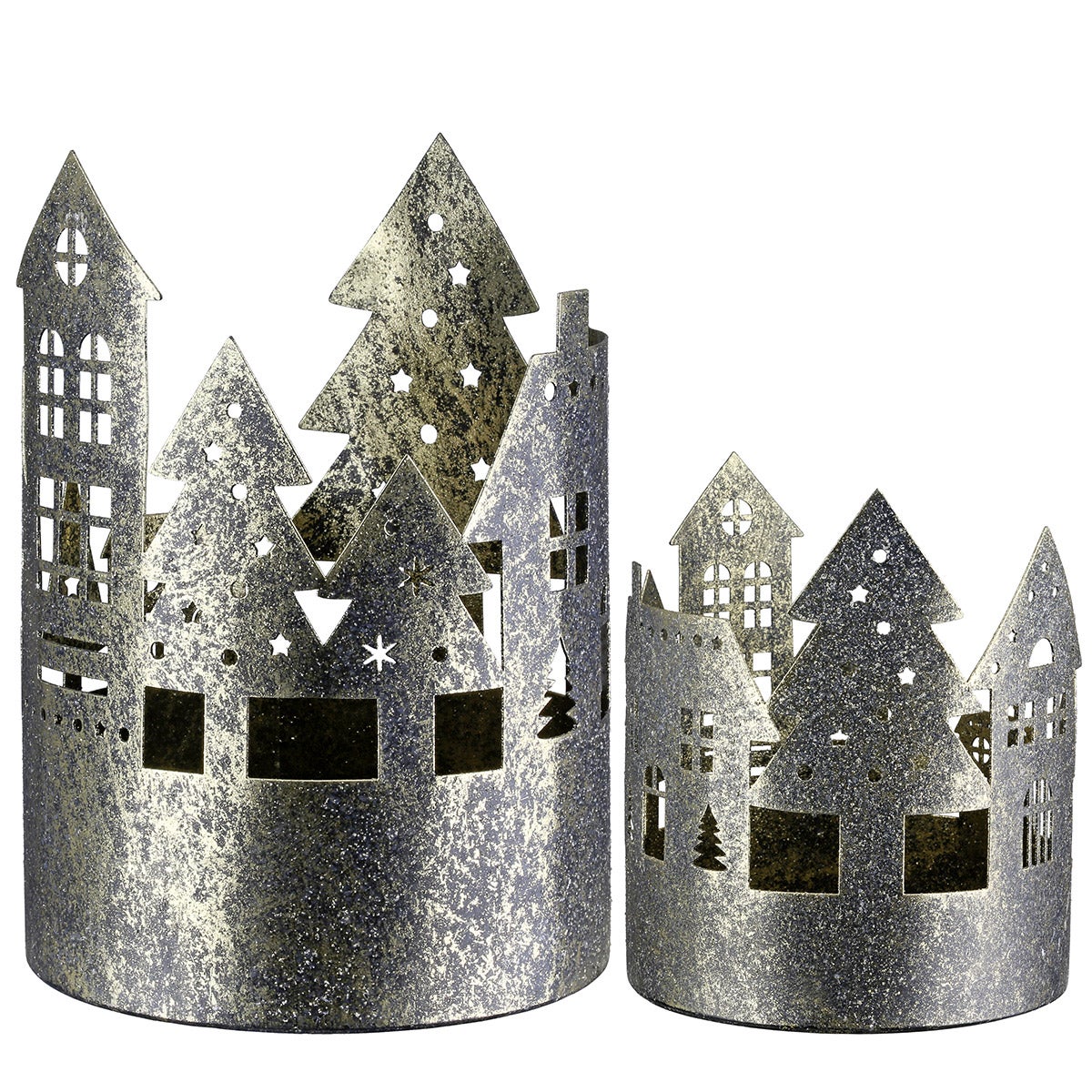 Windlicht "Häuser mit Bäumen" 17cm goldfarben (Metall)