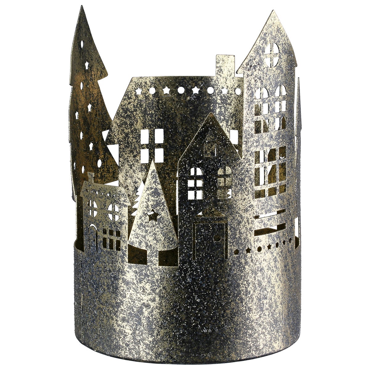 Windlicht "Häuser mit Bäumen" 17cm goldfarben (Metall)