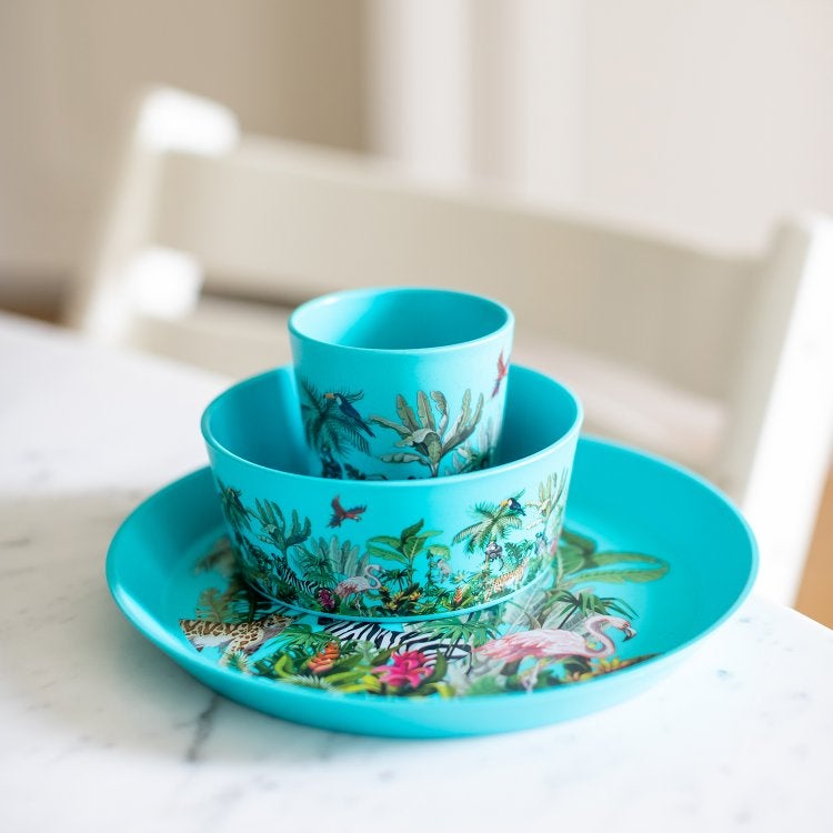 Kleiner Teller + Schale + Becher organic turquoise "CONNECT YOUNGLE" Kleiner Teller + Schale + Becher organic turquoise "CONNECT YOUNGLE"