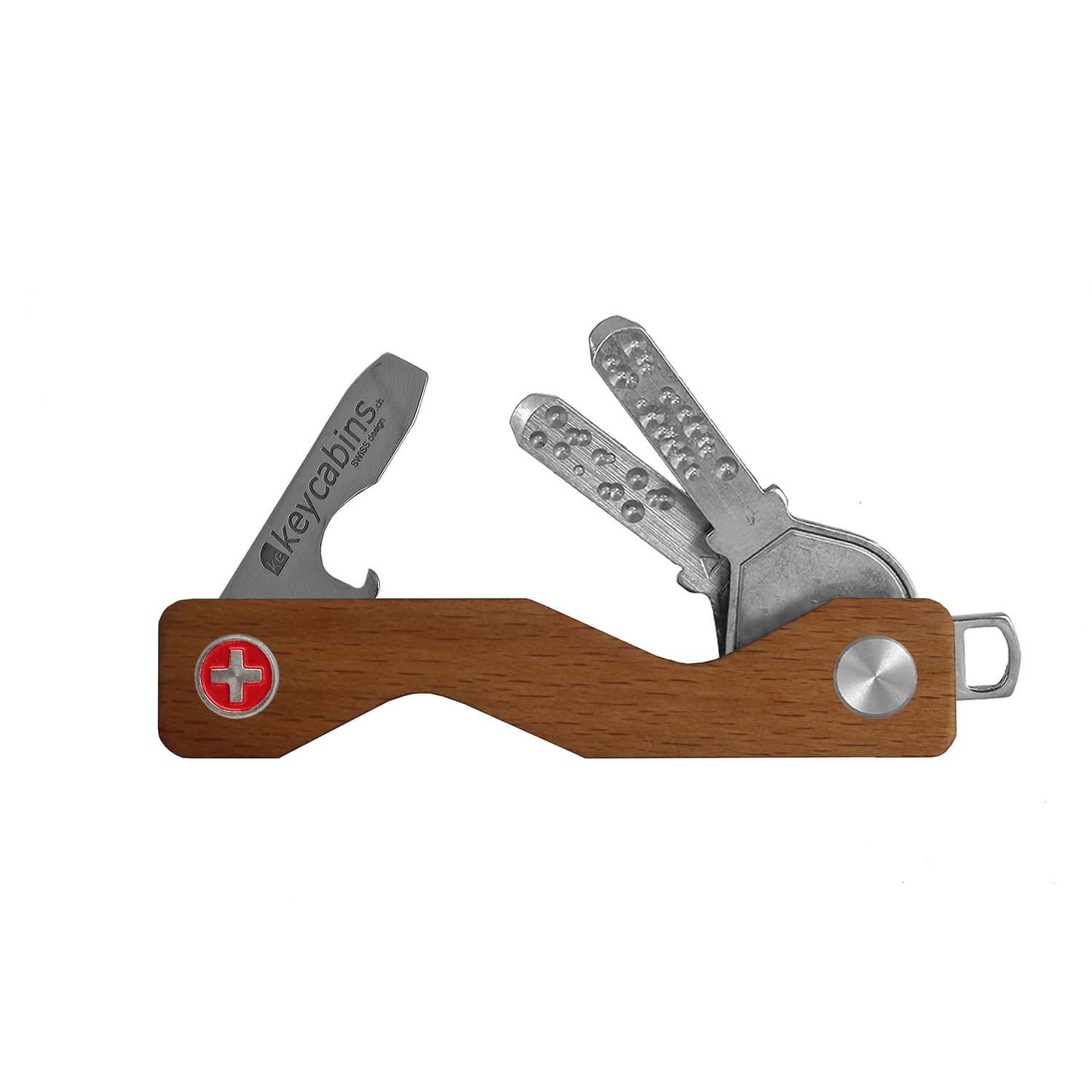 keycabins wood S3 beech, front, Swiss cross, key ring, key holder, key organizer, bottle opener, stainless steel, swiss made, upcycling, sustainability